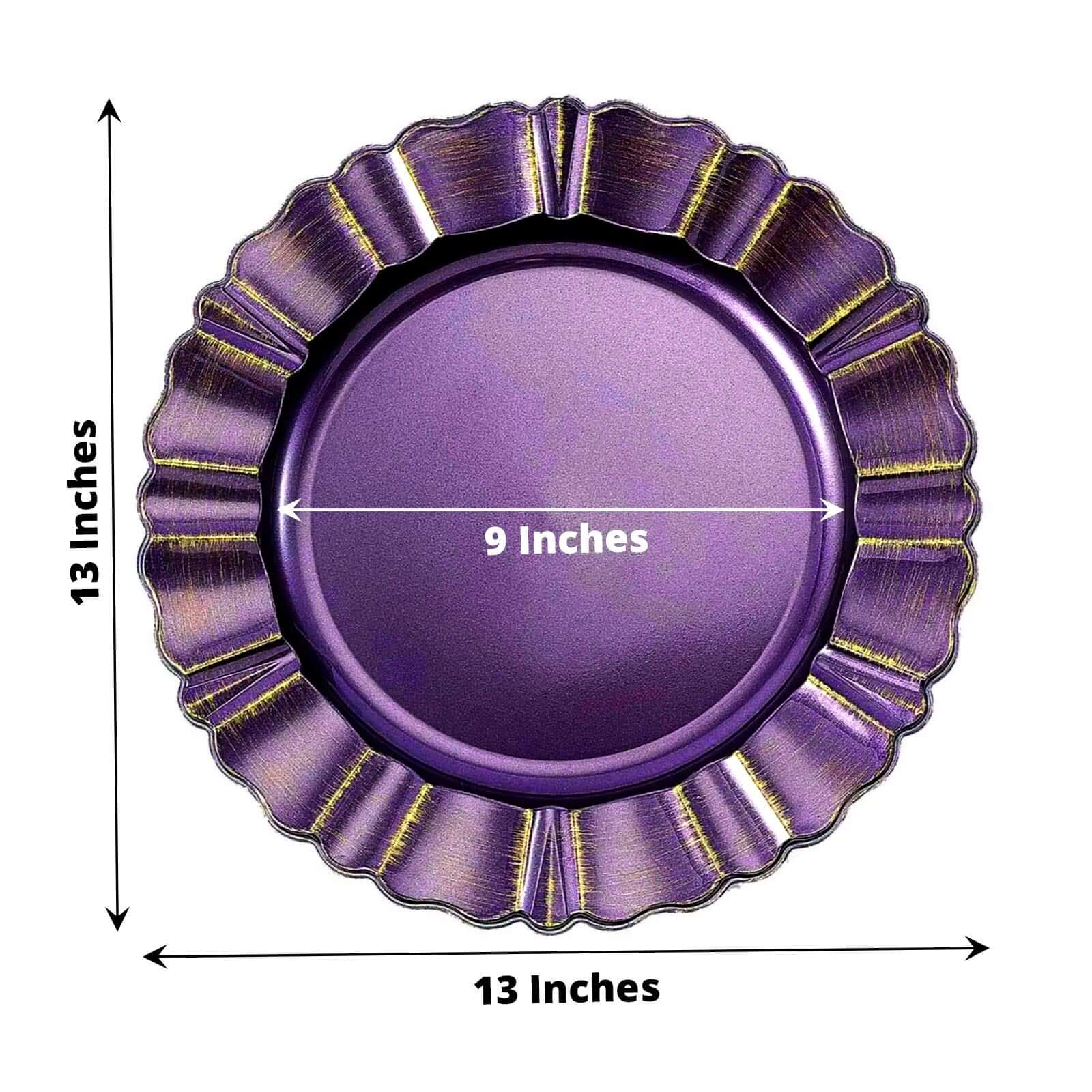 6-Pack Acrylic Plastic Round Charger Plates 13 in Purple with Gold Brushed Wavy Scalloped Rim, Decorative Dinner Party Charger Tableware