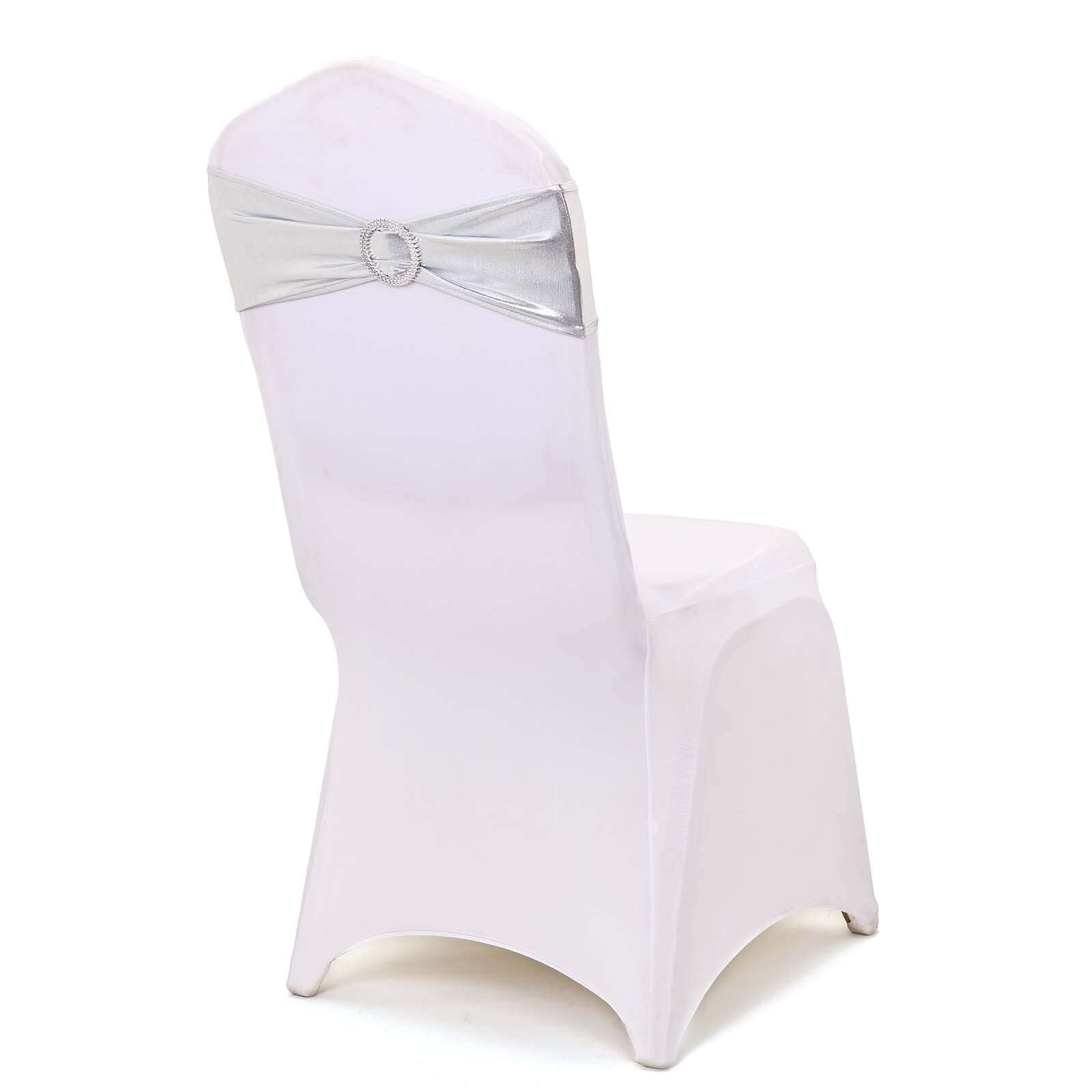 5 Pack Metallic Spandex Chair Sashes Silver - Stretch Fit Chair Bands With Round Diamond Buckles