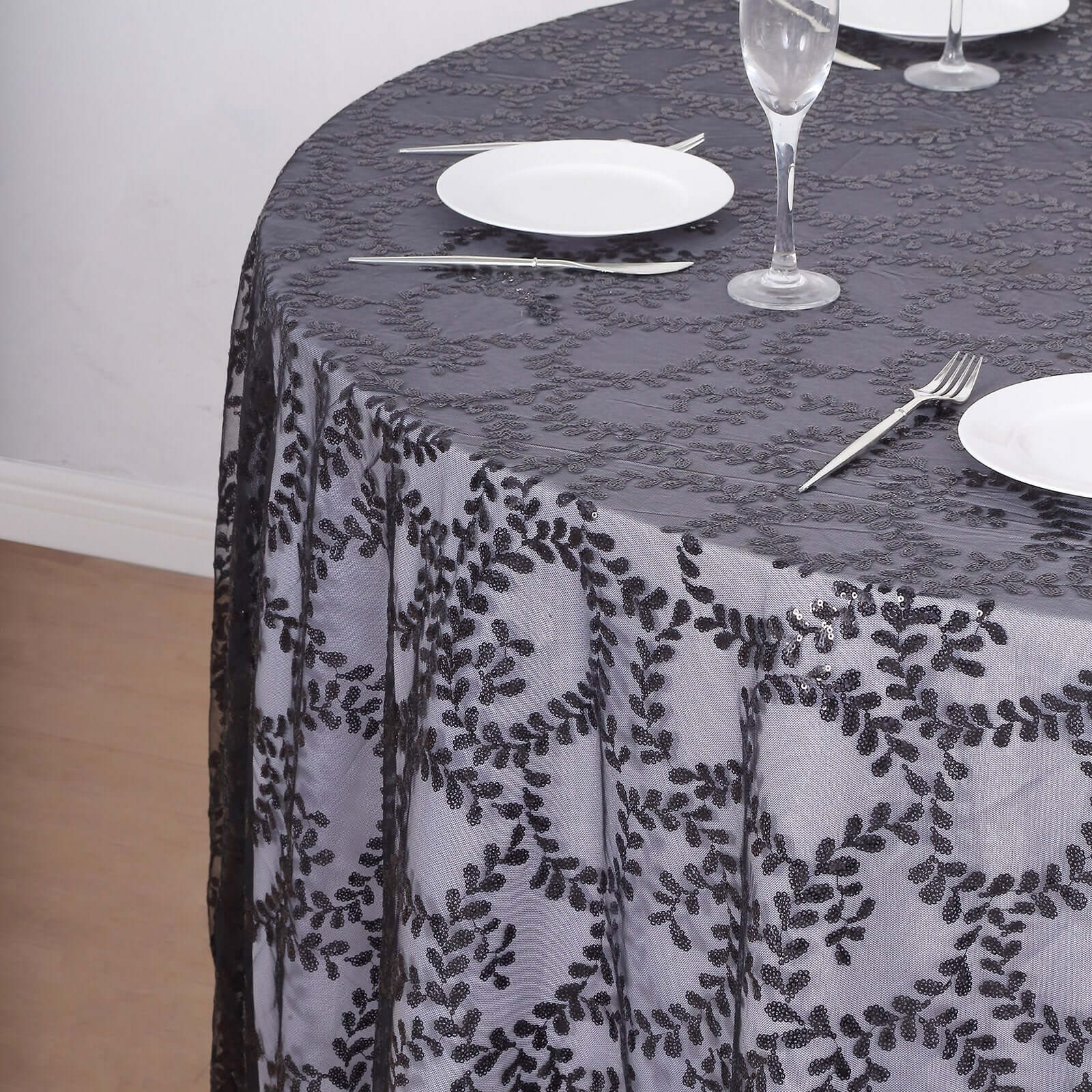 Tulle 120 Round Tablecloth Black - Seamless Sequin Leaf Embroidered Table Cover