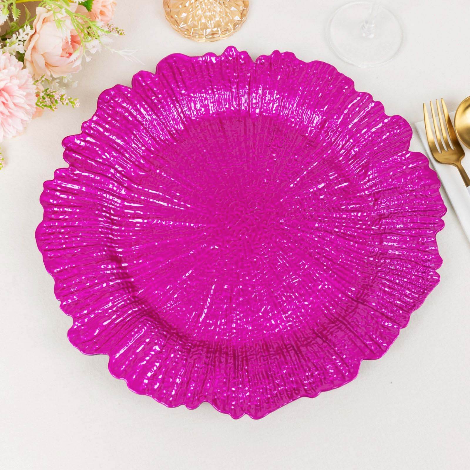 6-Pack Acrylic Plastic Round Charger Plates 13 in Fuchsia with Reef Design, Dinner Charger Tableware