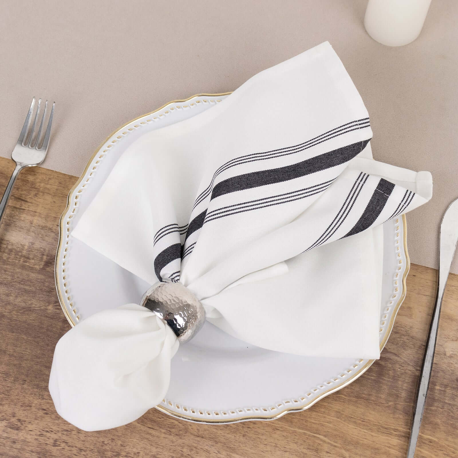 10 Pack Premium Spun Polyester 18x22 Napkins White/Black Bistro Style - Highly Absorbent Cotton-Like Feel Cloth Napkins for Everyday Dining or Celebrations