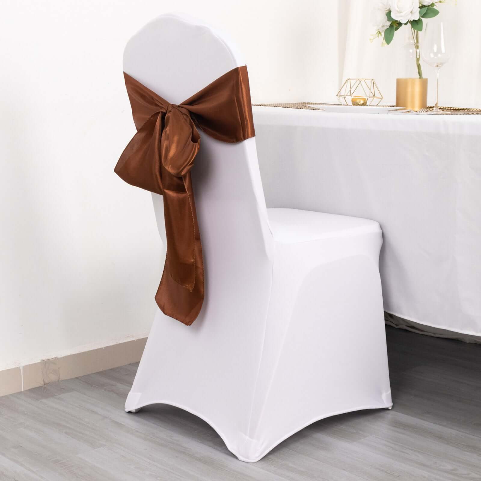 5 Pack Satin Chair Sashes Cinnamon Brown - Durable Chair Bows with Shiny Finish 6x106