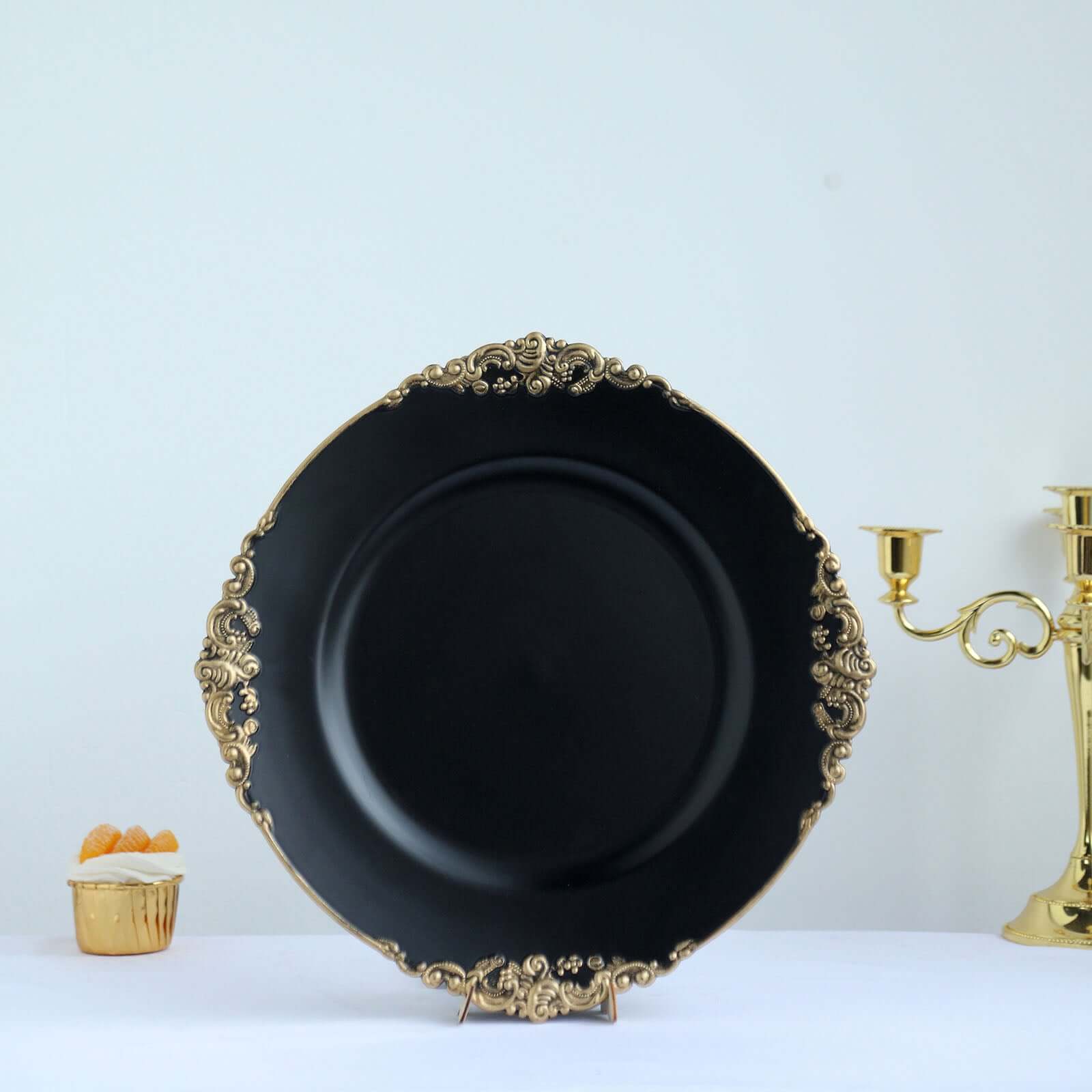 6-Pack Acrylic Round Charger Plates 13 in Matte Black with Gold Embossed Baroque Rim, Antique Decorative Dinner Party Charger Tableware