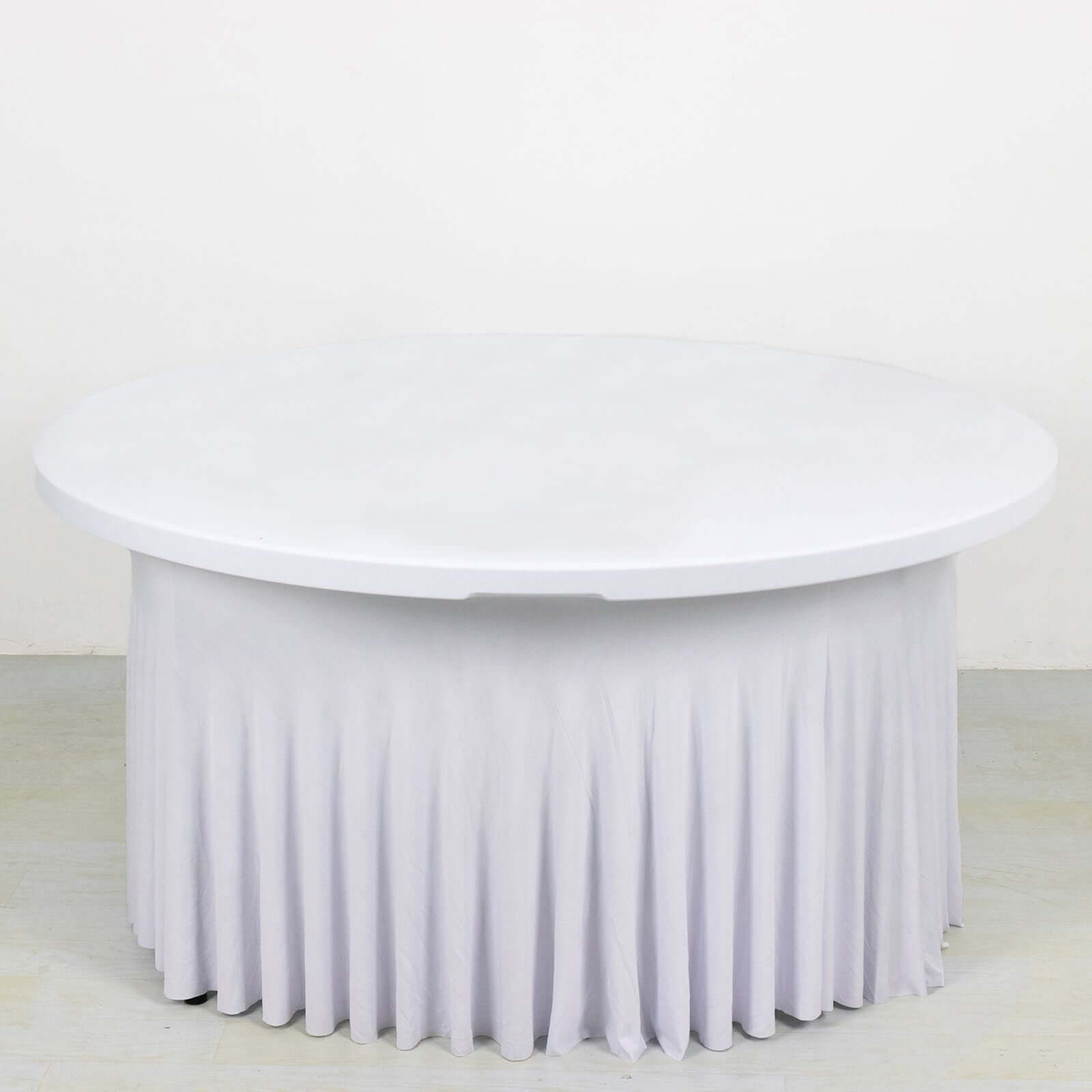 Spandex Round 5ft Table Skirt White with Wavy Skirt-Like Effect Stylish Table Cover for Weddings, Banquets & Trade Shows