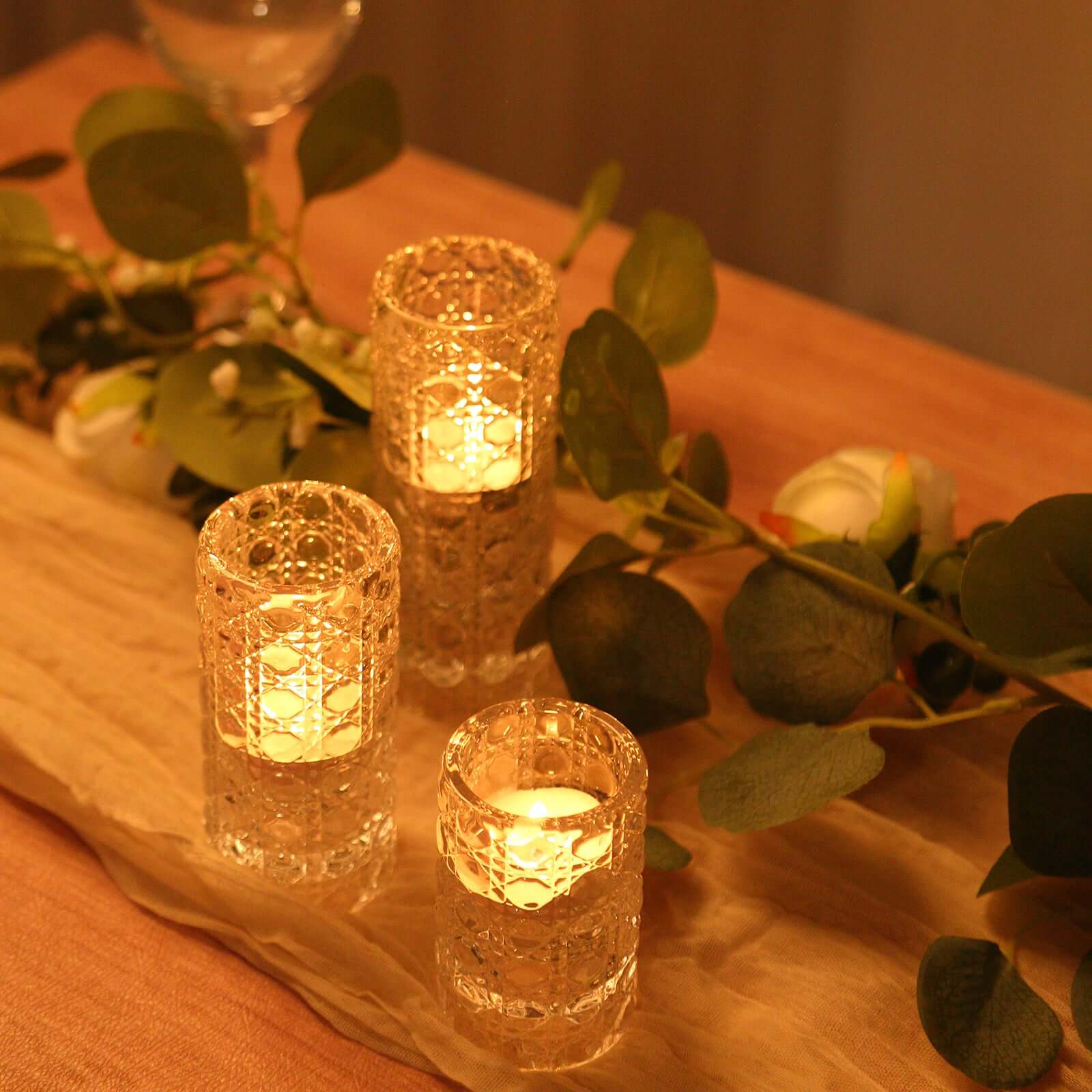 Set of 3 Glass Taper Candle Holders Clear with Gemstone Pattern - Dual Sided Crystal Cylinder Tealight Stands 3, 4, 5.5