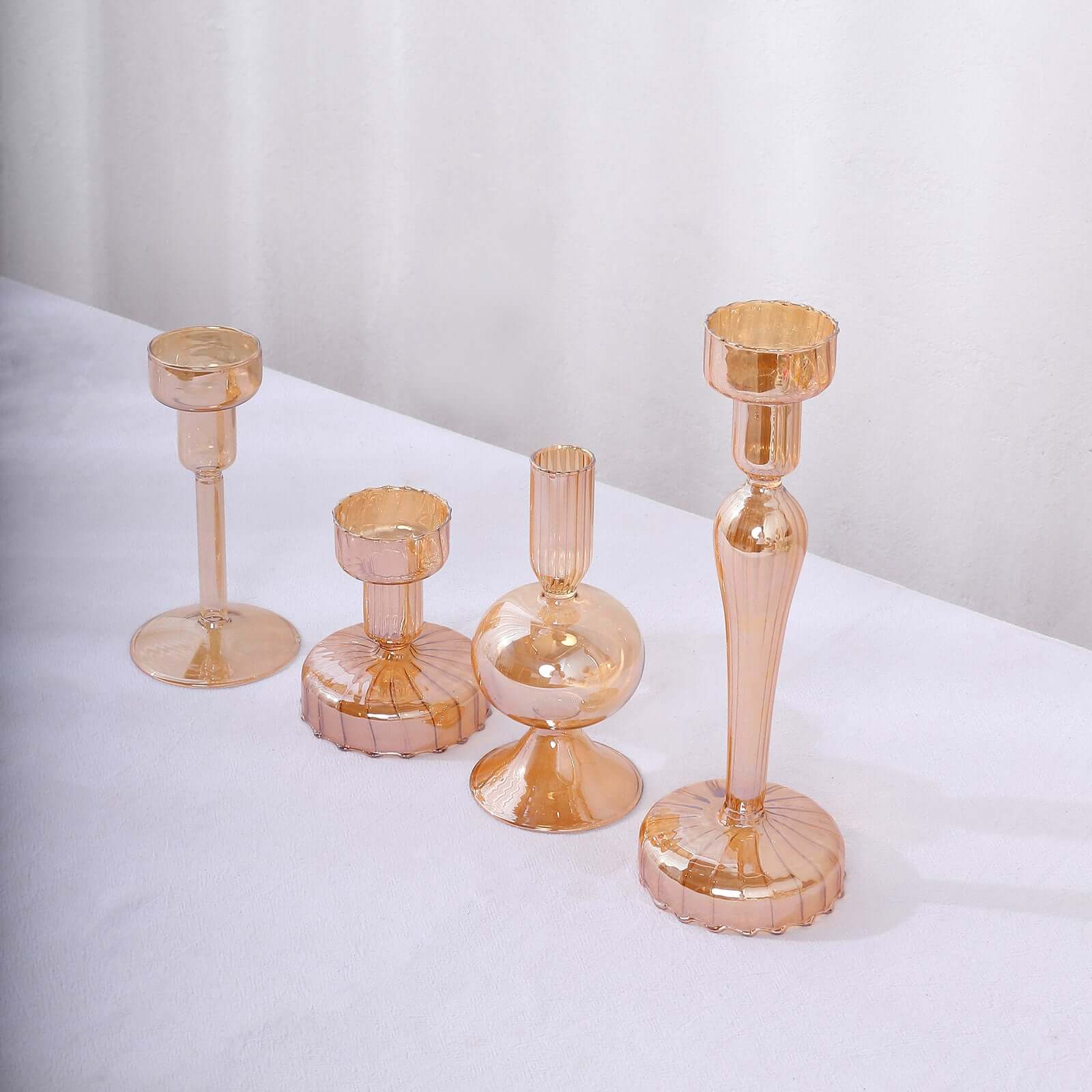 Set of 4 Glass Taper Votive Candle Holders Lined Crystal Design Assorted Amber Gold - Tea Light Stand Set 4, 5.5, 6, 9