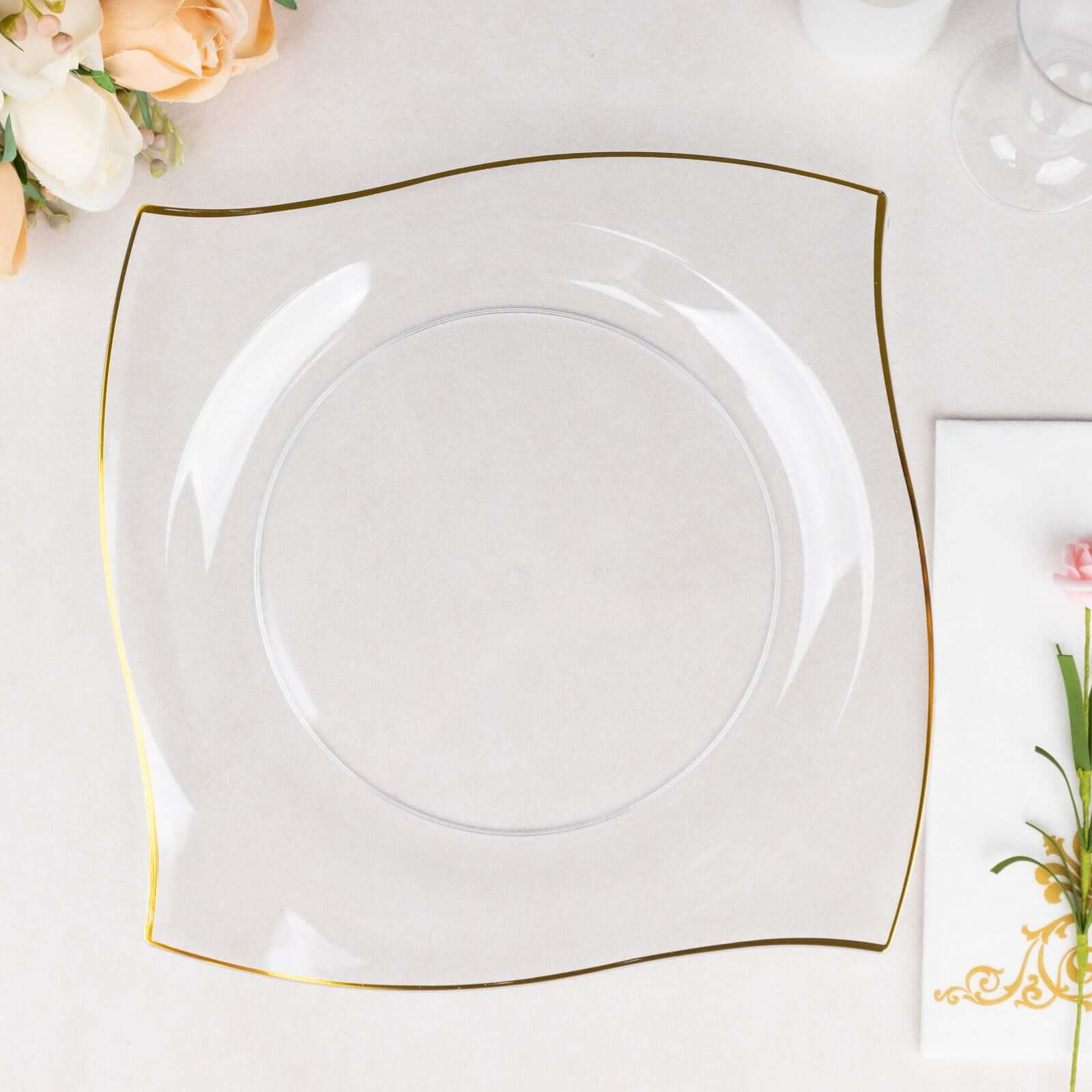 10-Pack Plastic 10 Square Dinner Plates in Clear with Gold Wavy Rim Modern - Disposable Party Plates