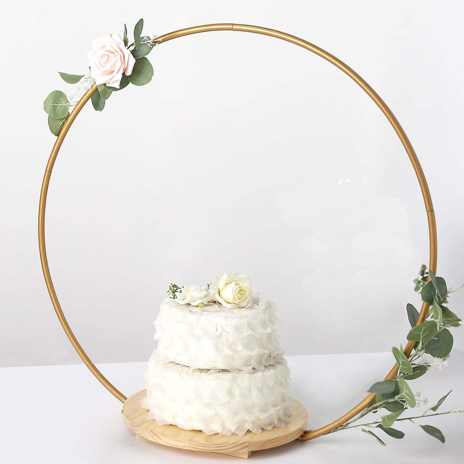 Metal Round Floral Hoop Cake Stand Gold - Chic Geometric Dessert Display DIY Centerpiece Table Decoration With Wooden Base 33