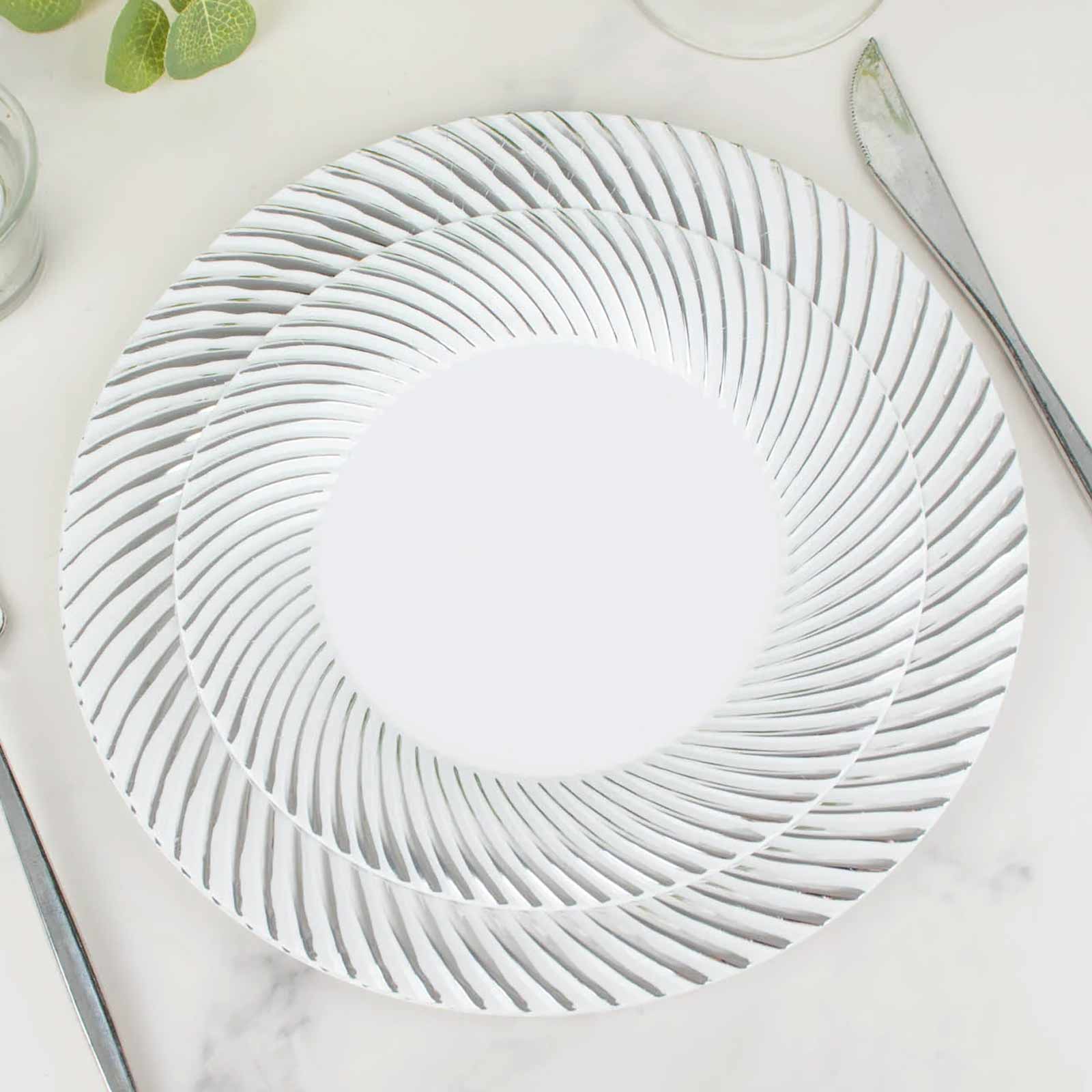 10-Pack Plastic 7 Round Dessert Plates in White with Silver Swirl Rim - Disposable Salad Plates