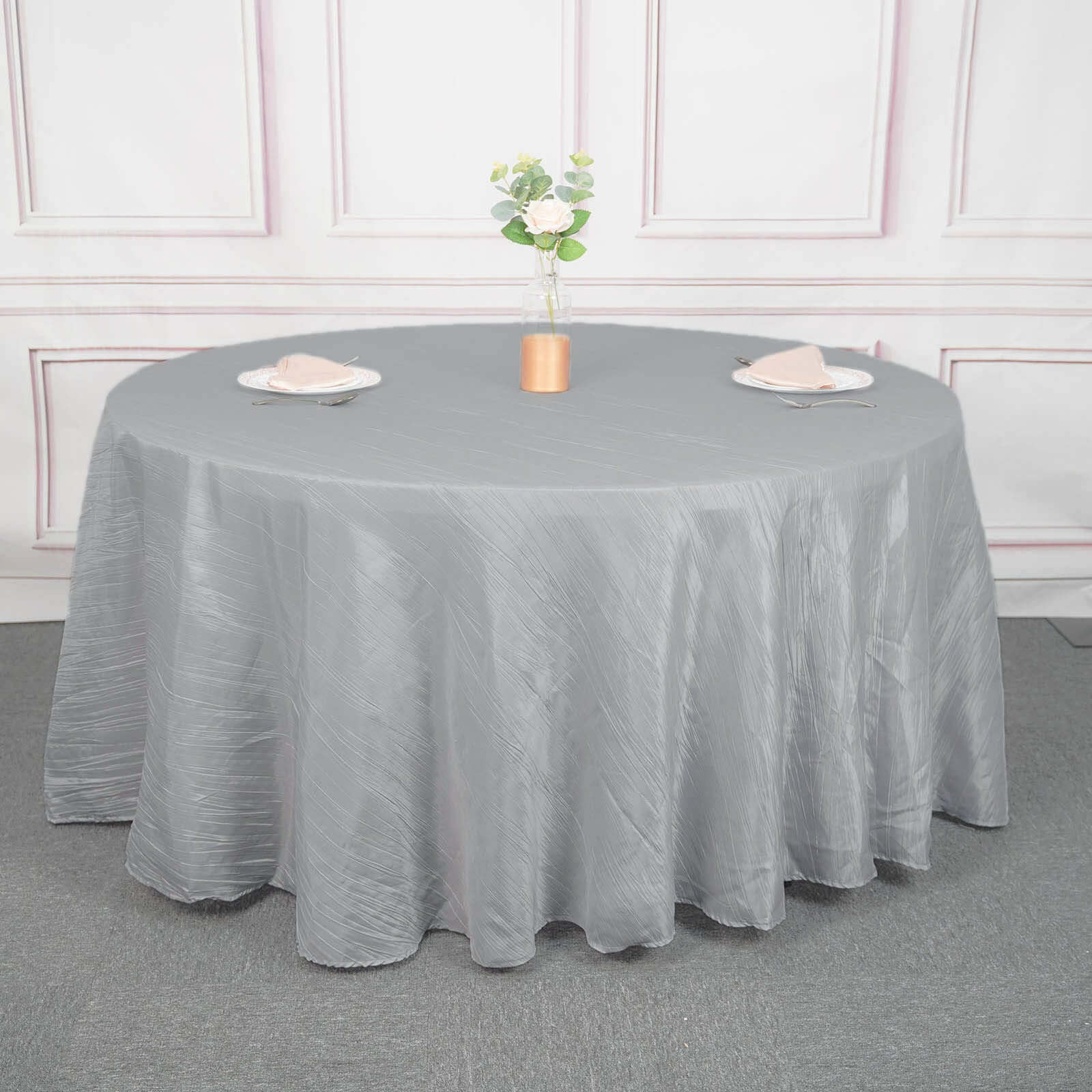 Taffeta 120 Round Tablecloth Silver - Seamless Accordion Crinkle Table Cover