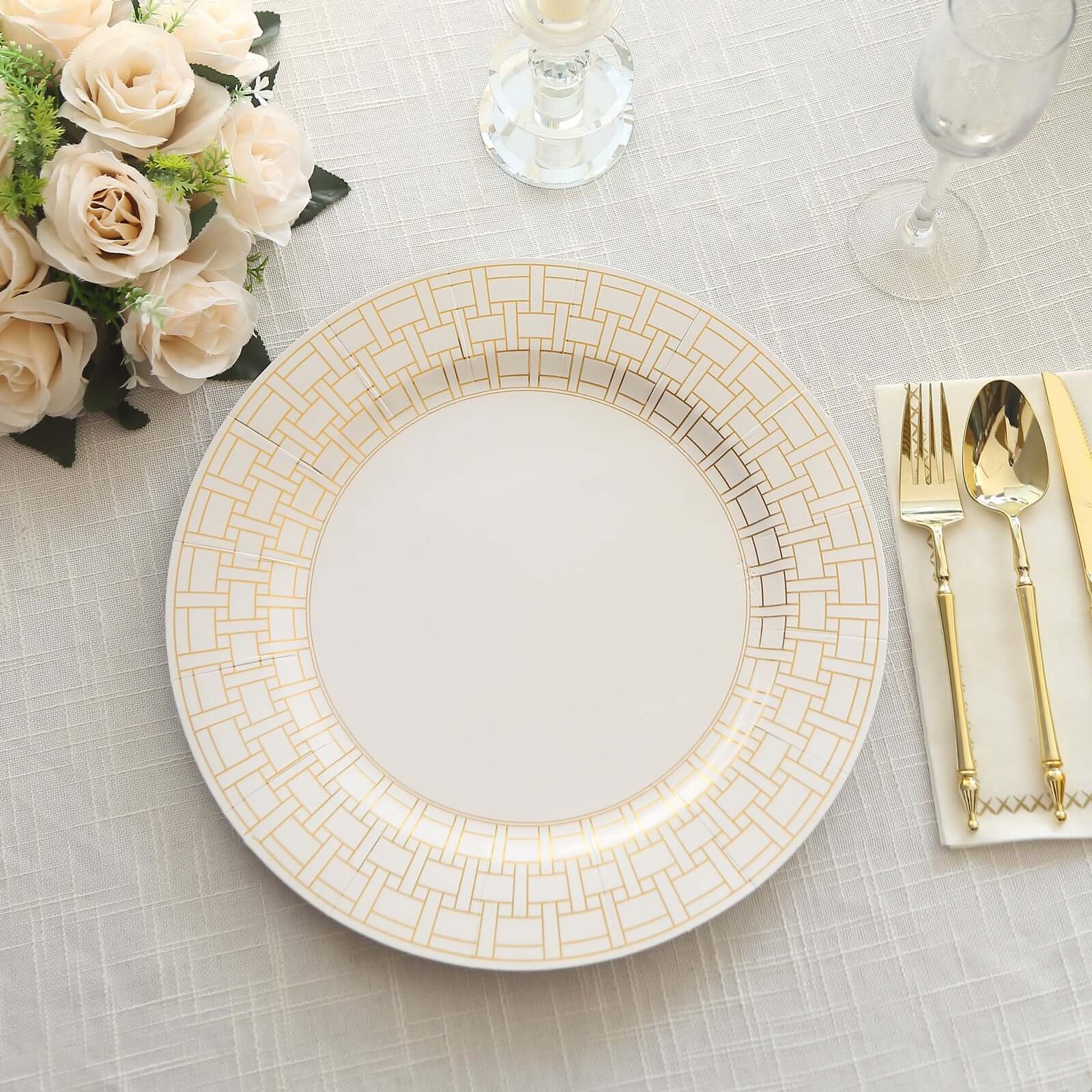 10-Pack Disposable Table Placemats in White with Gold Basketweave Pattern Rim - 650GSM Cardboard Placemats for Weddings & Banquets 13