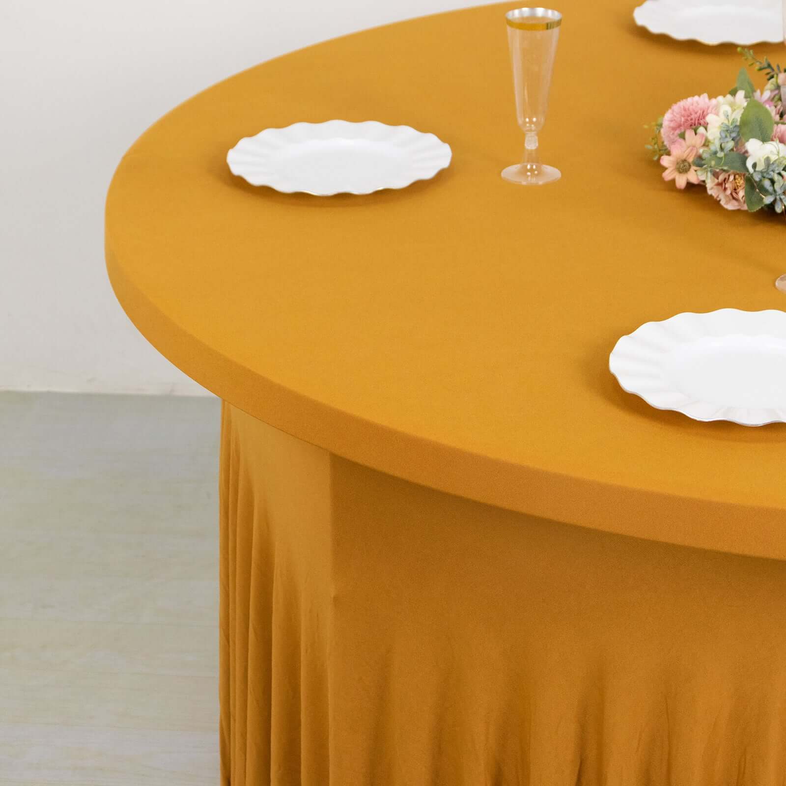 Spandex Round 6ft Table Skirt Gold with Wavy Skirt-Like Effect Stylish Table Cover for Weddings, Banquets & Trade Shows