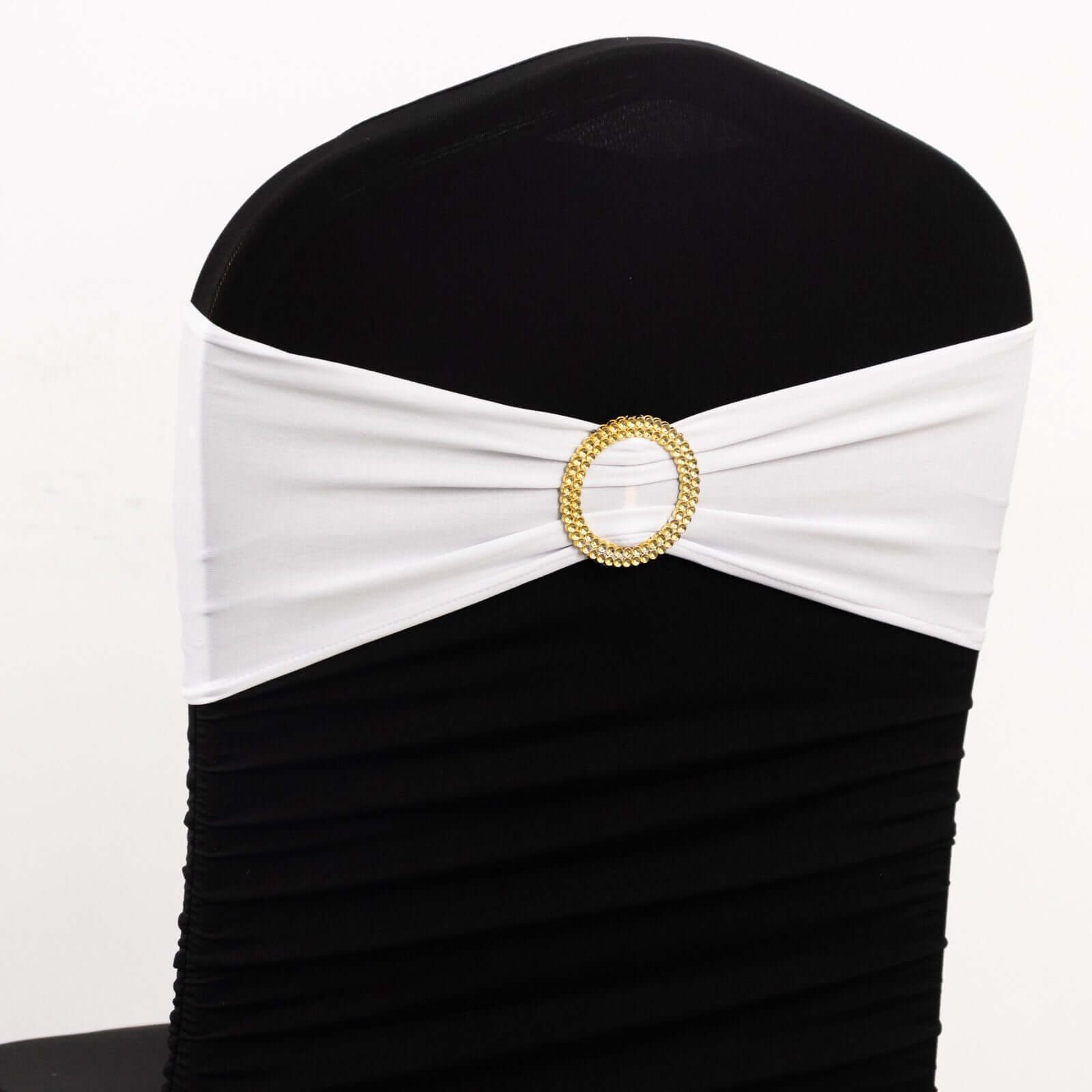 5 Pack Spandex Chair Sashes White with Gold Rhinestone Buckles - Reusable Four-Way Stretch Sash Bands for Classy & Effortless Wedding & Party Decor 5x14