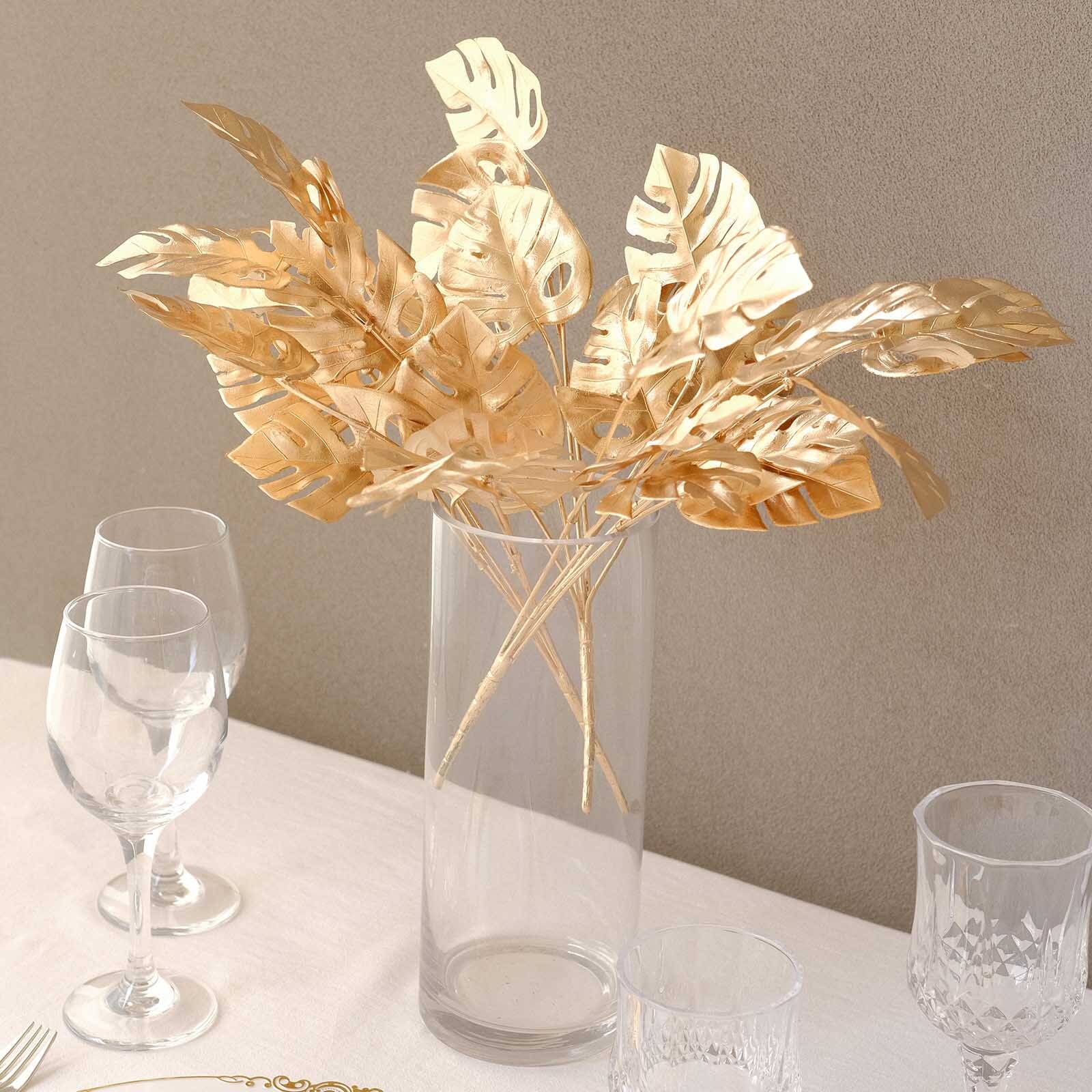 4-Pack Artificial Monstera Leaves Bushes Metallic Gold - Chic Faux Palm Leaf Decor Vase Filler for Hawaiian Jungle Tropical Themed Weddings Parties & Events 14