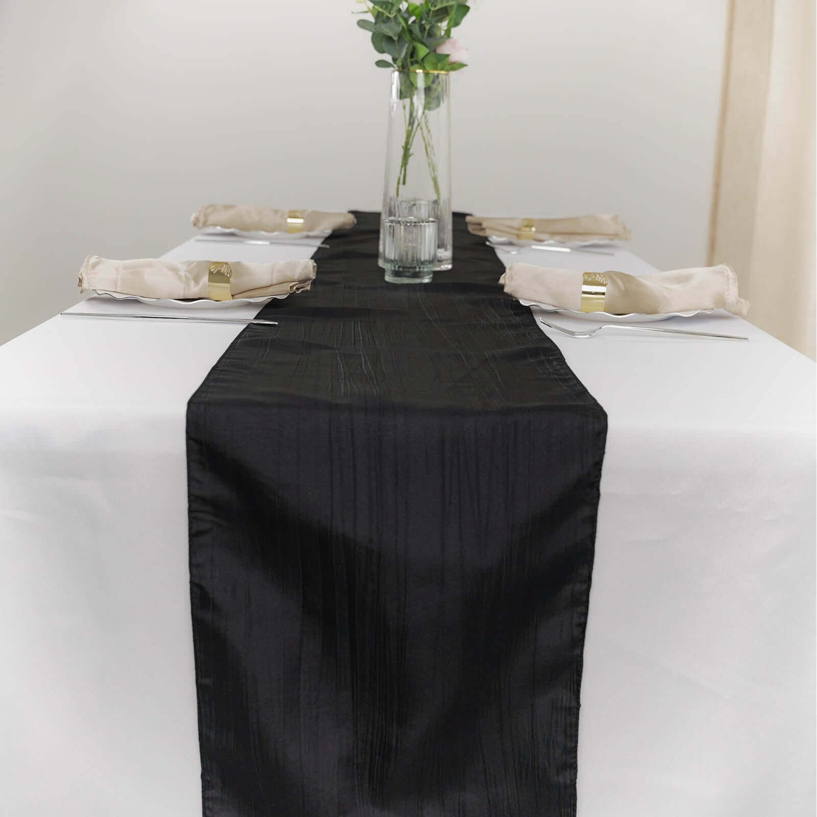 Taffeta 12x108 Table Runner Black - Accordion Crinkle Design