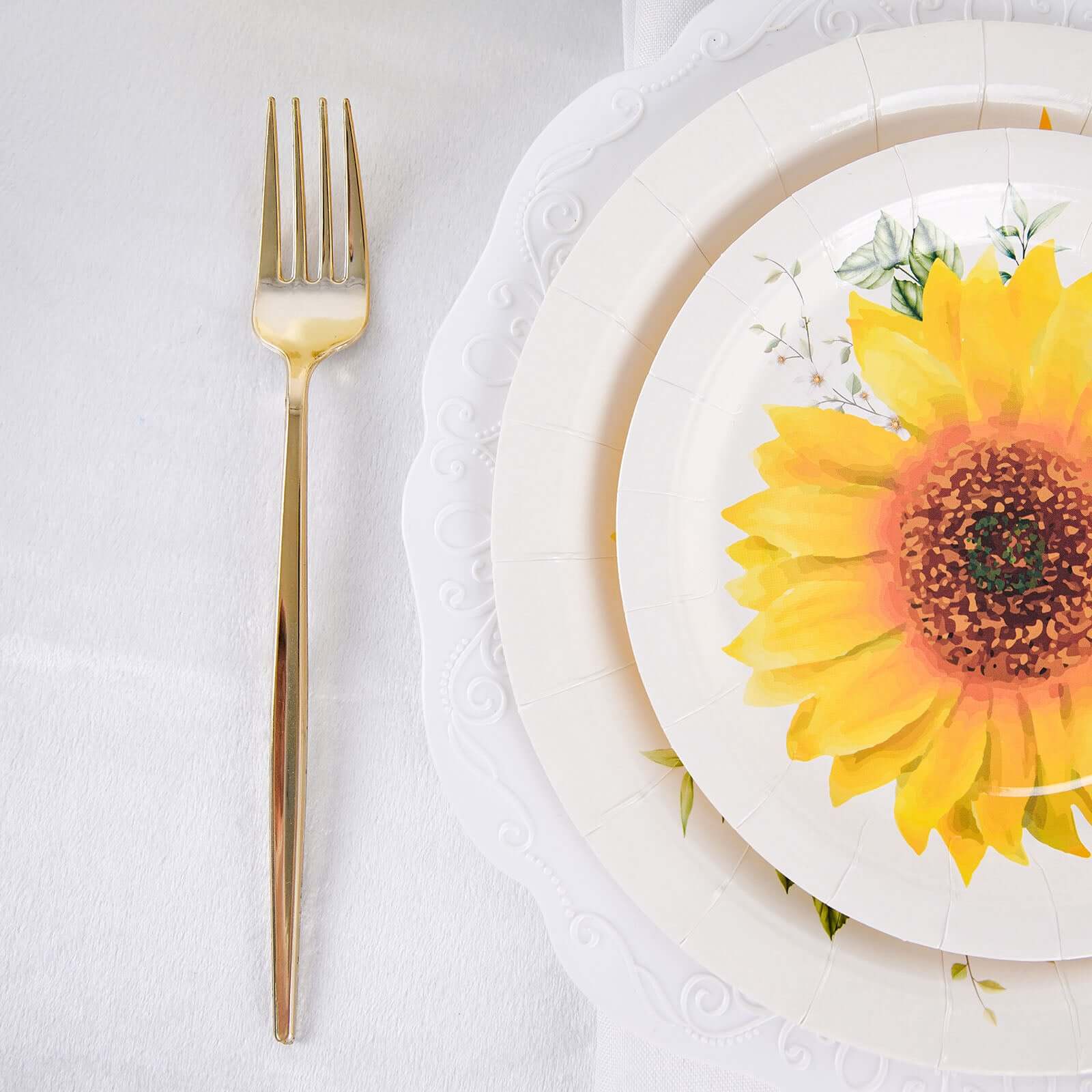 25-Pack Paper 9 Round Dinner Plates in White with Sunflower Design - Disposable Party Plates for Rustic Events & Garden Themes