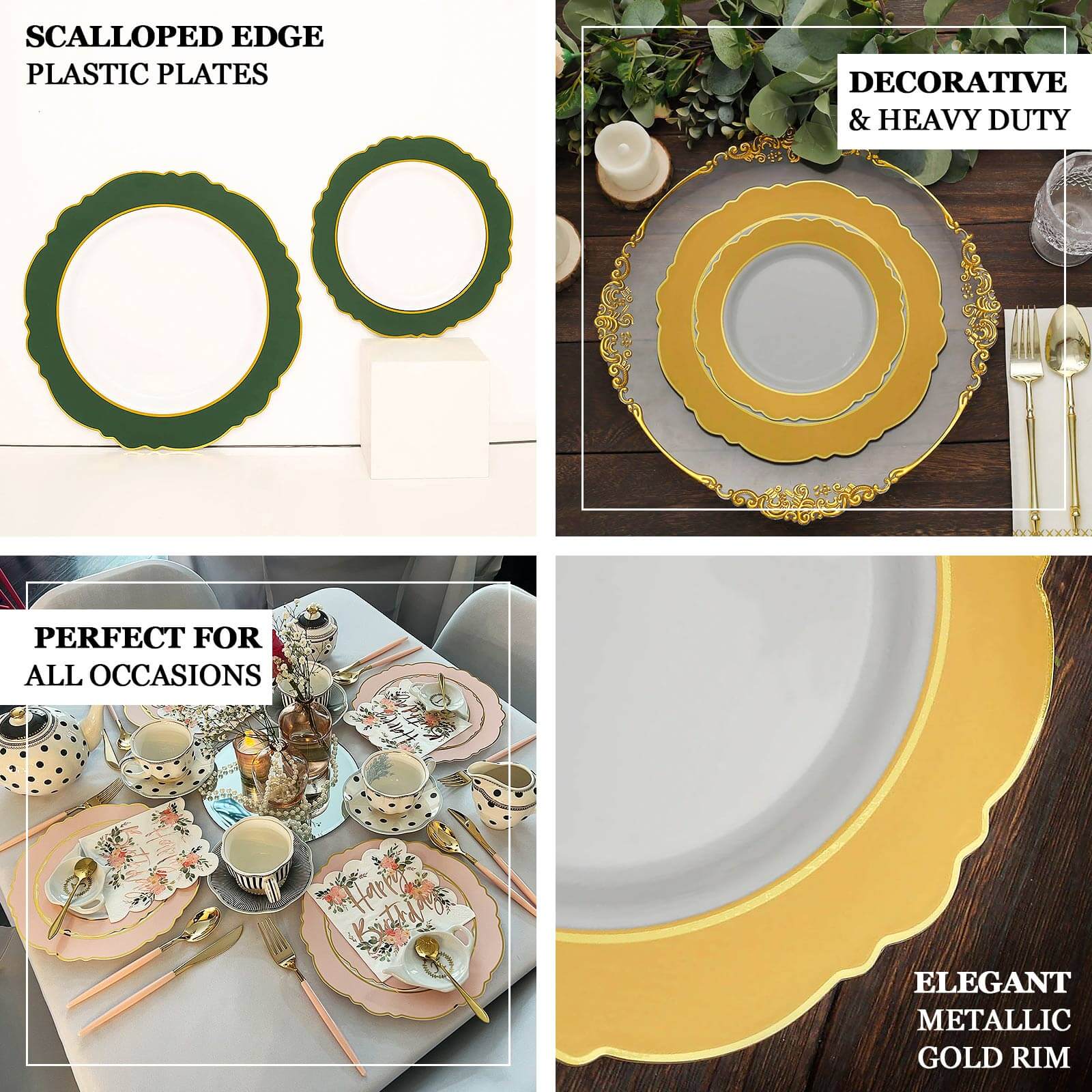 10-Pack Plastic 8 Round Dessert Plates in White with Gold Blossom Design & Gold Edging - Disposable Salad Appetizer Plates for Modern & Classy Table Decor