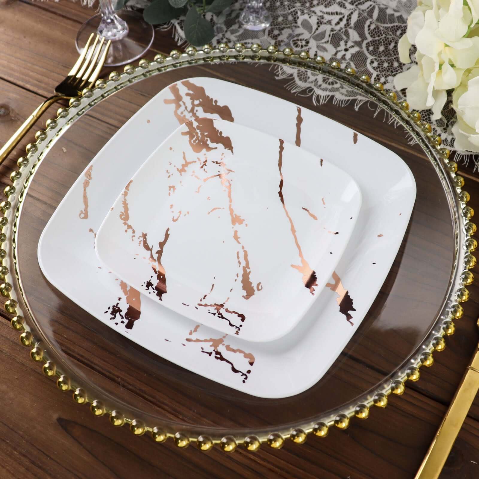 10-Pack Plastic 8 Square Dessert Plates in White with Rose Gold Marble Design - Disposable Appetizer Salad Party Plates