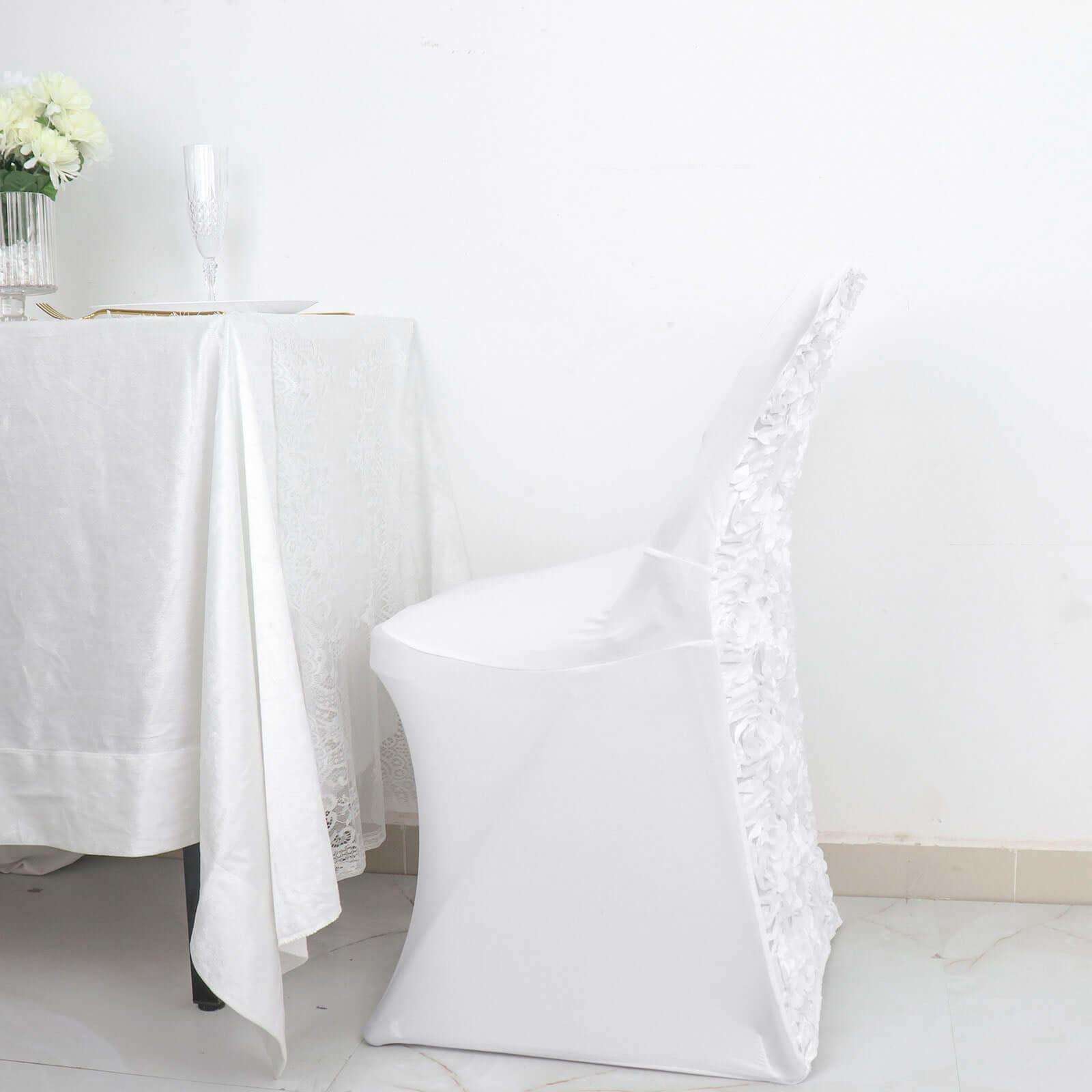 Spandex Chair Cover White for Folding Chairs - Durable Stretch Fitted Slipcover with Satin Rosette Design for Classy Events