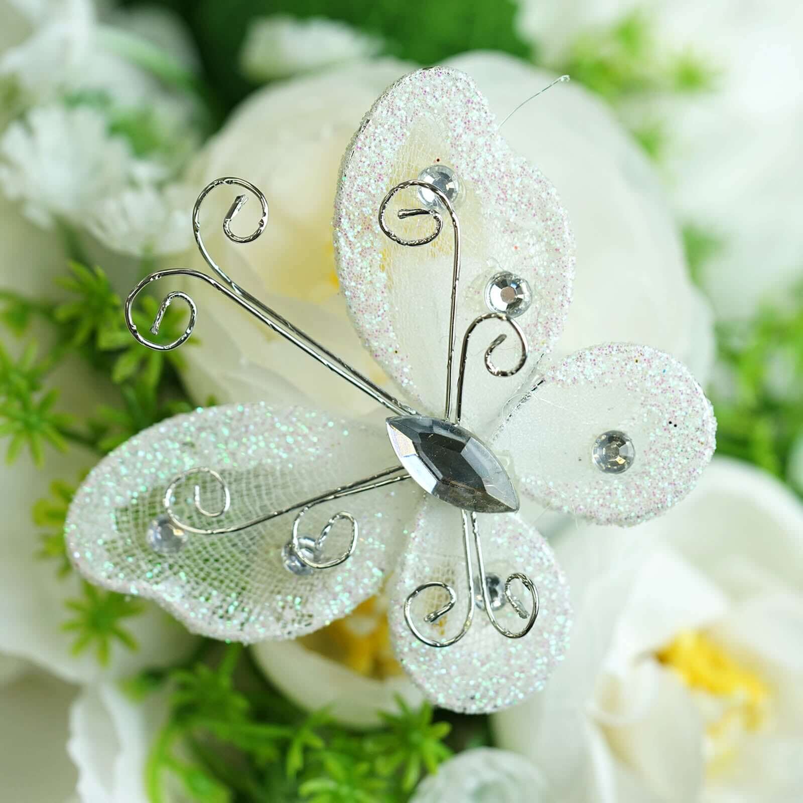 12 Pack 2 White Diamond Studded Wired Organza Butterflies