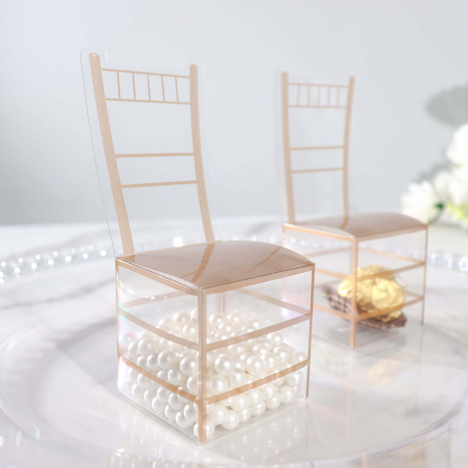 25 Pack Clear and Gold PVC Chiavari Chair-Shaped Party Favor Candy Gift Boxes - 2x5