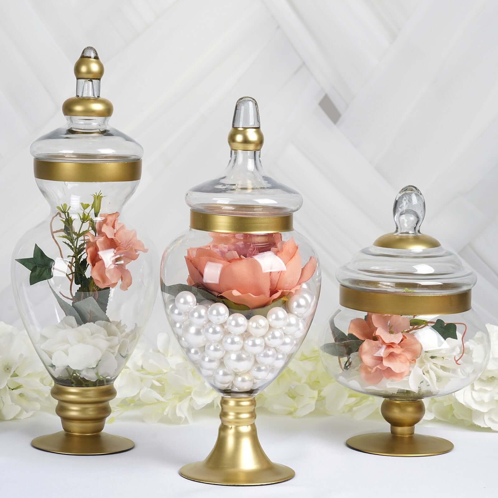 Set of 3 Glass Candy Jars Apothecary Design Gold Trim with Snap-On Lids - Large Stylish Containers for Parties 10/14/16