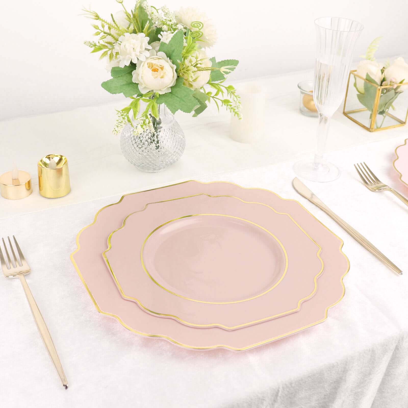 10-Pack Plastic Dinner Plates in Blush Baroque Design with Scalloped Gold Rim - Heavy Duty Disposable Party Plates 11