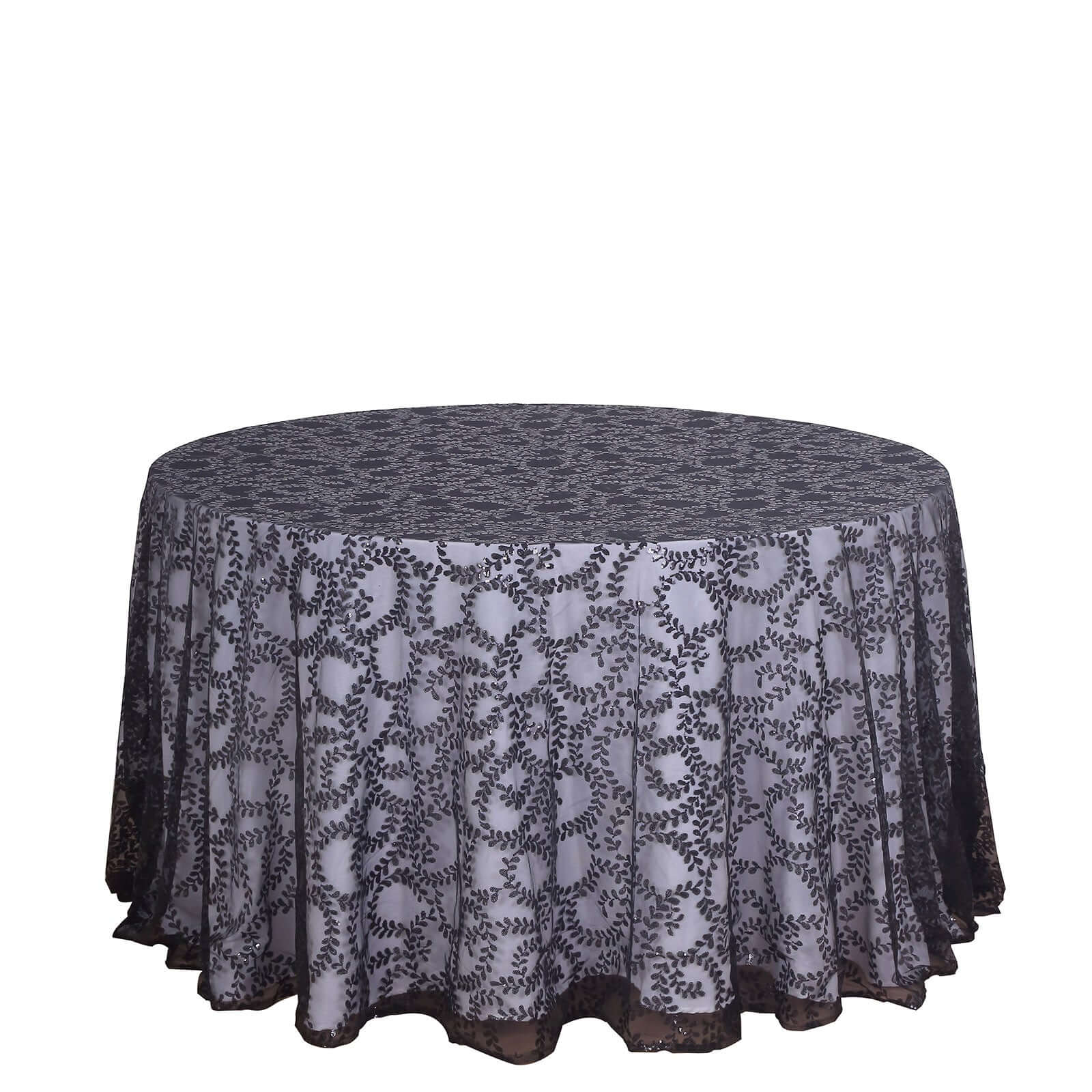 Tulle 120 Round Tablecloth Black - Seamless Sequin Leaf Embroidered Table Cover