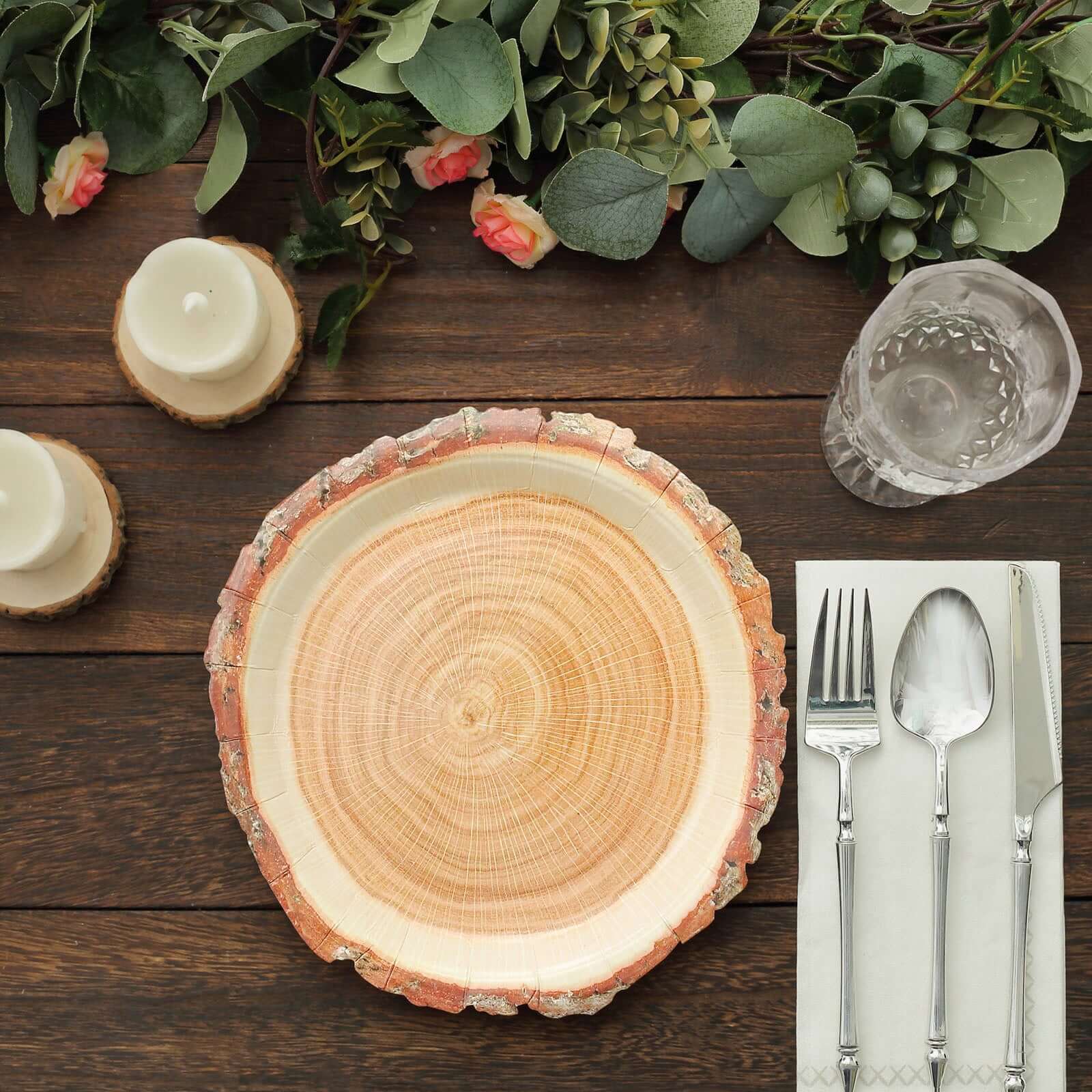 25-Pack Paper 10 Round Dinner Plates in Natural Wood Slice Print - Rustic & Nature-Inspired Disposable Party Plates