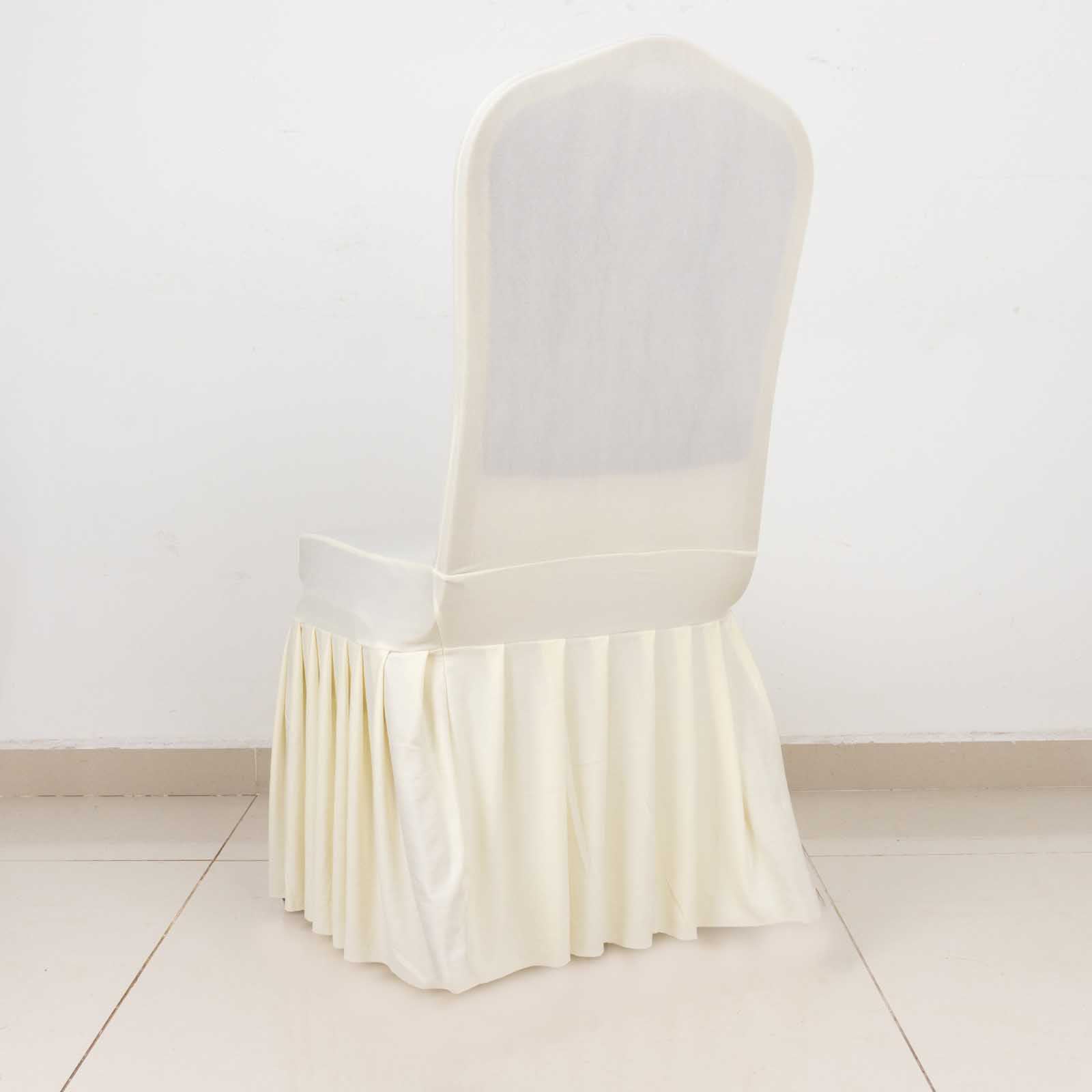 Spandex Chair Cover with Ruffle Pleated Skirt for Banquet Chairs Ivory - 1-Piece Stretch Fitted Slipcover