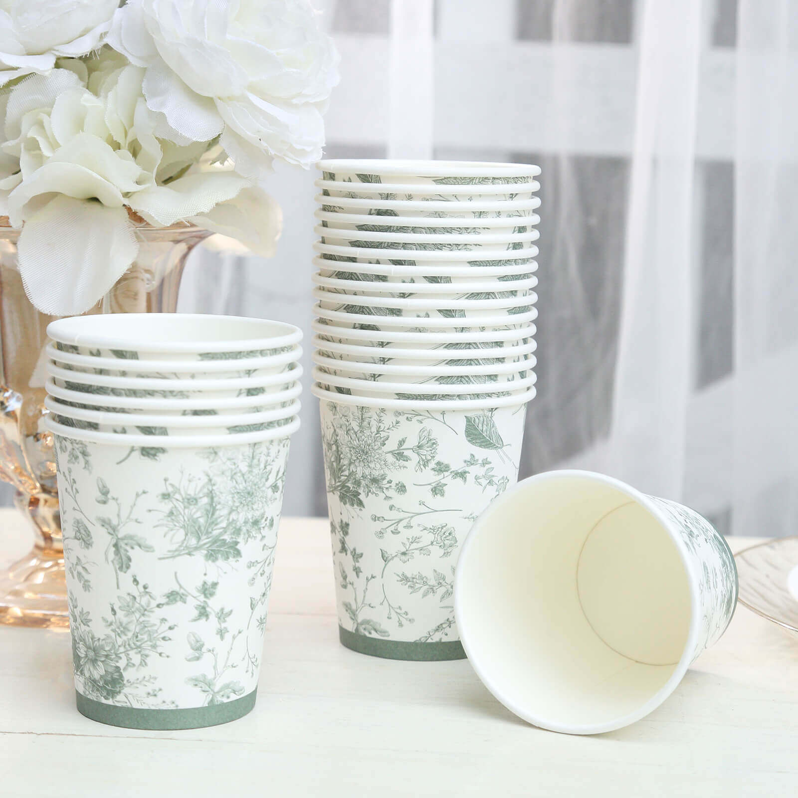 24-Pack Paper Cups White with Sage Green French Toile Print - Stylish Disposable Floral Party Cups for Hot & Cold Beverages 9oz