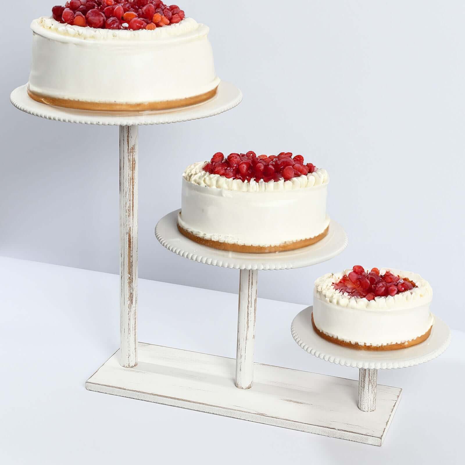 3-Tier Wooden Cake Stand Whitewash with Round Beaded Rim Trays - Rustic Cupcake Tower Dessert Display 24x16