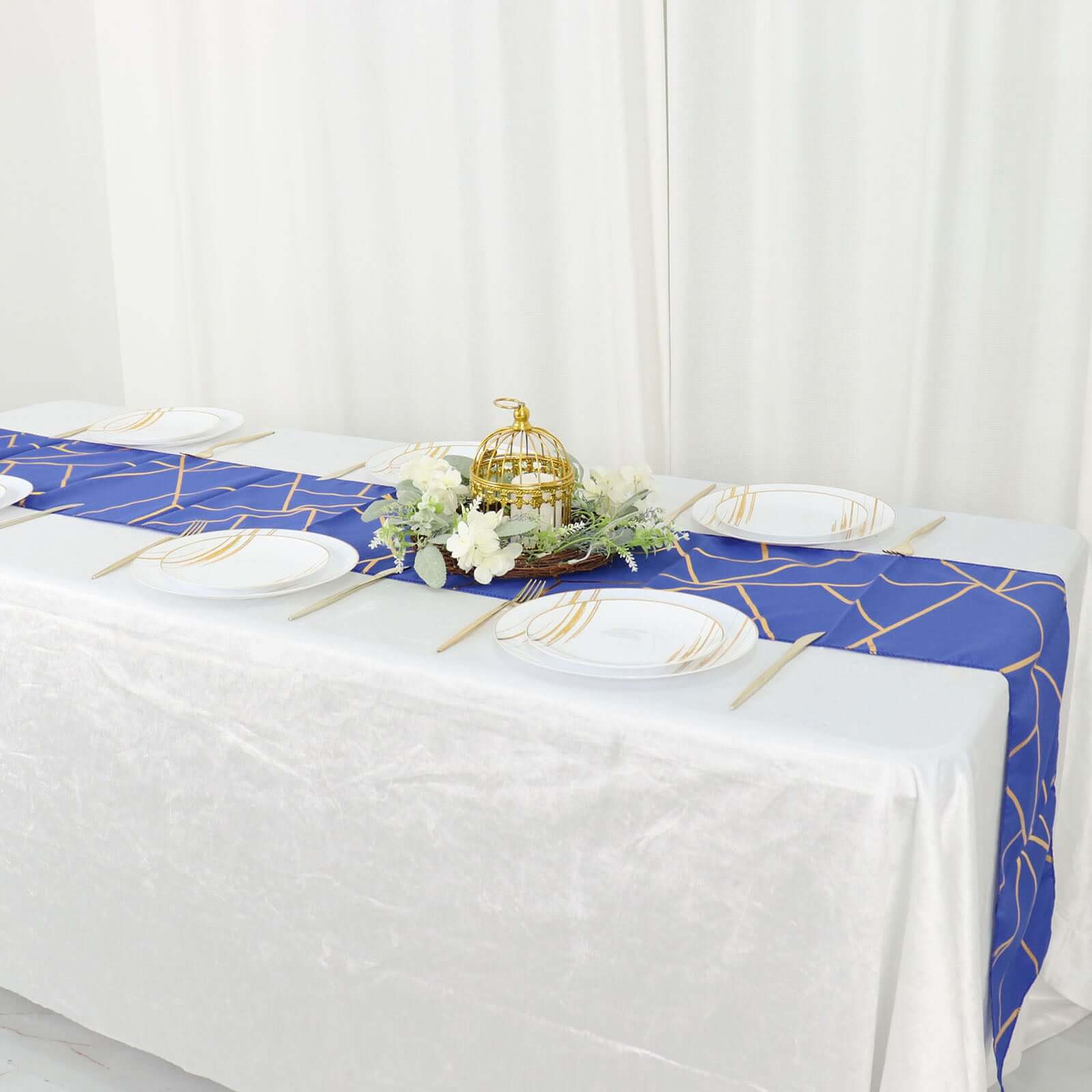 Polyester 9ft Table Runner Royal Blue with Gold Foil Modern Geometric Accent