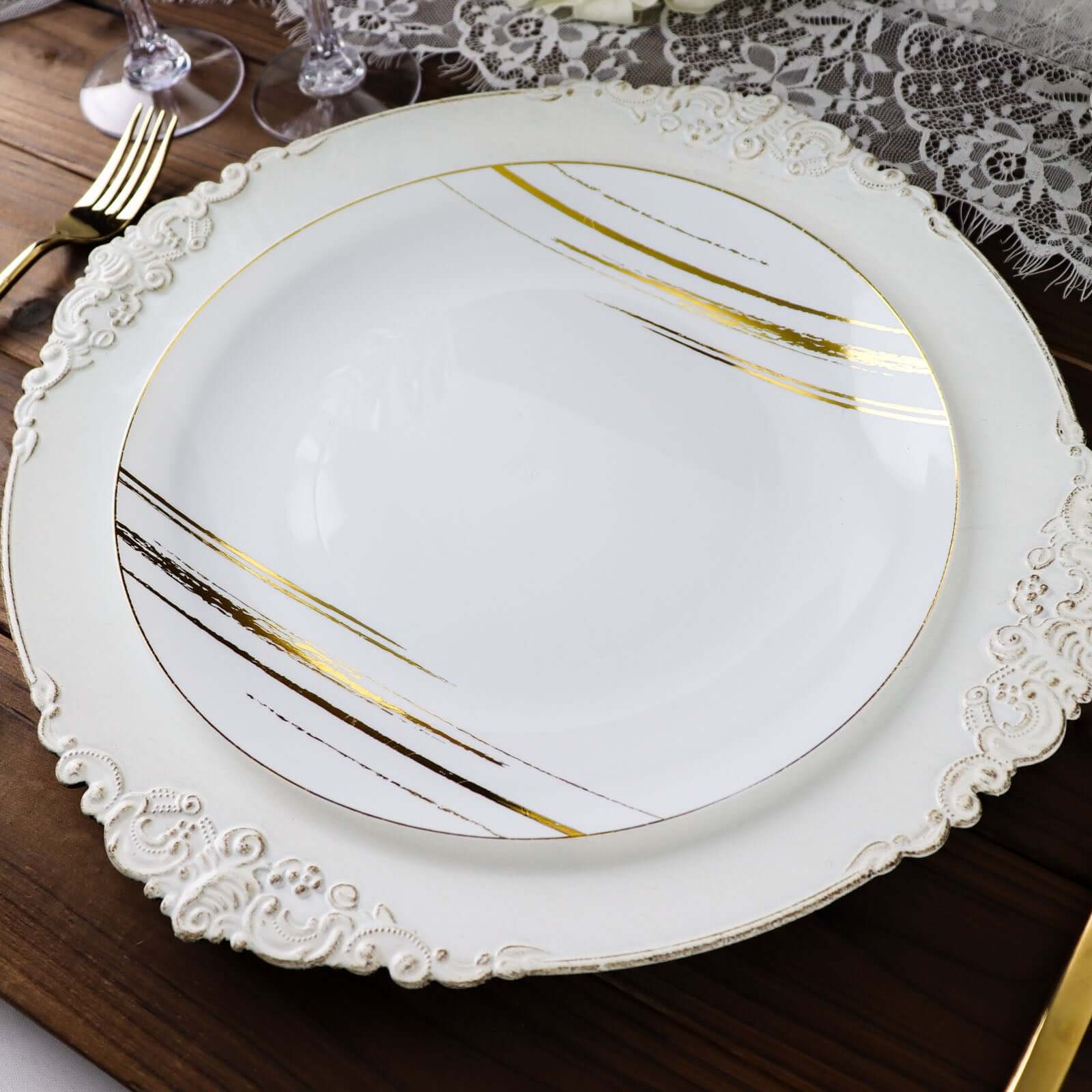 10-Pack Plastic 10 Round Dinner Plates in White with Gold Brush Stroked Print - Disposable Party Dinnerware for Modern Themed Events & Banquets