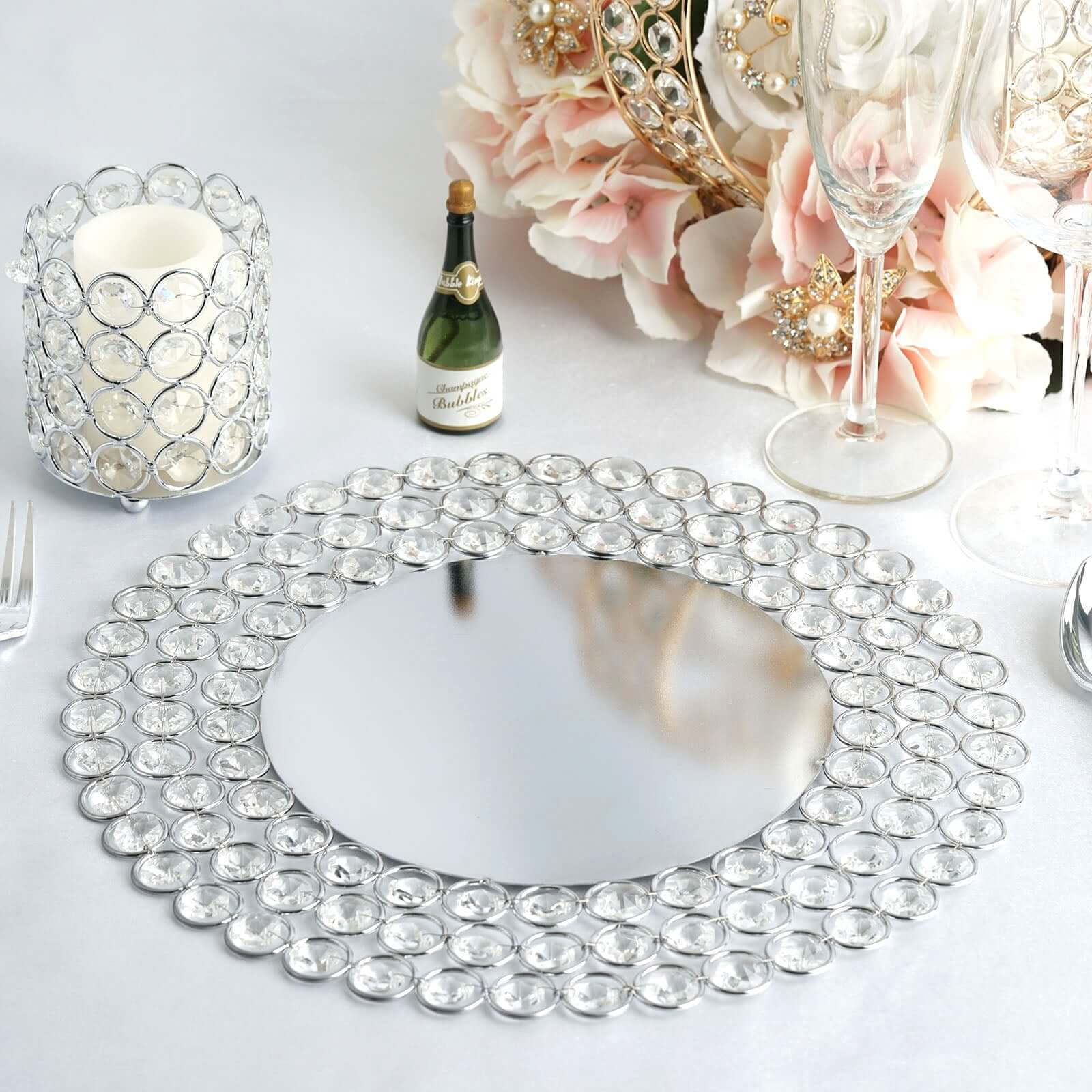 Wired Metal Round Charger Plate 14 in SIlver with Acrylic Crystal Beads, Glamorous Decorative Dinner Charger Tableware