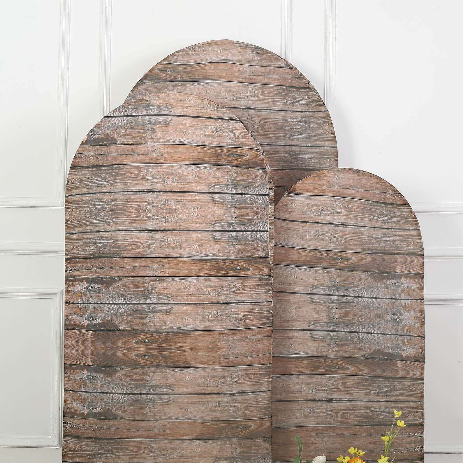 Set of 3 Brown Rustic Wood Plank Pattern Spandex Fitted Chiara Backdrop Stand Cover For Round Top Wedding Arch - 5ft, 6ft, 7ft