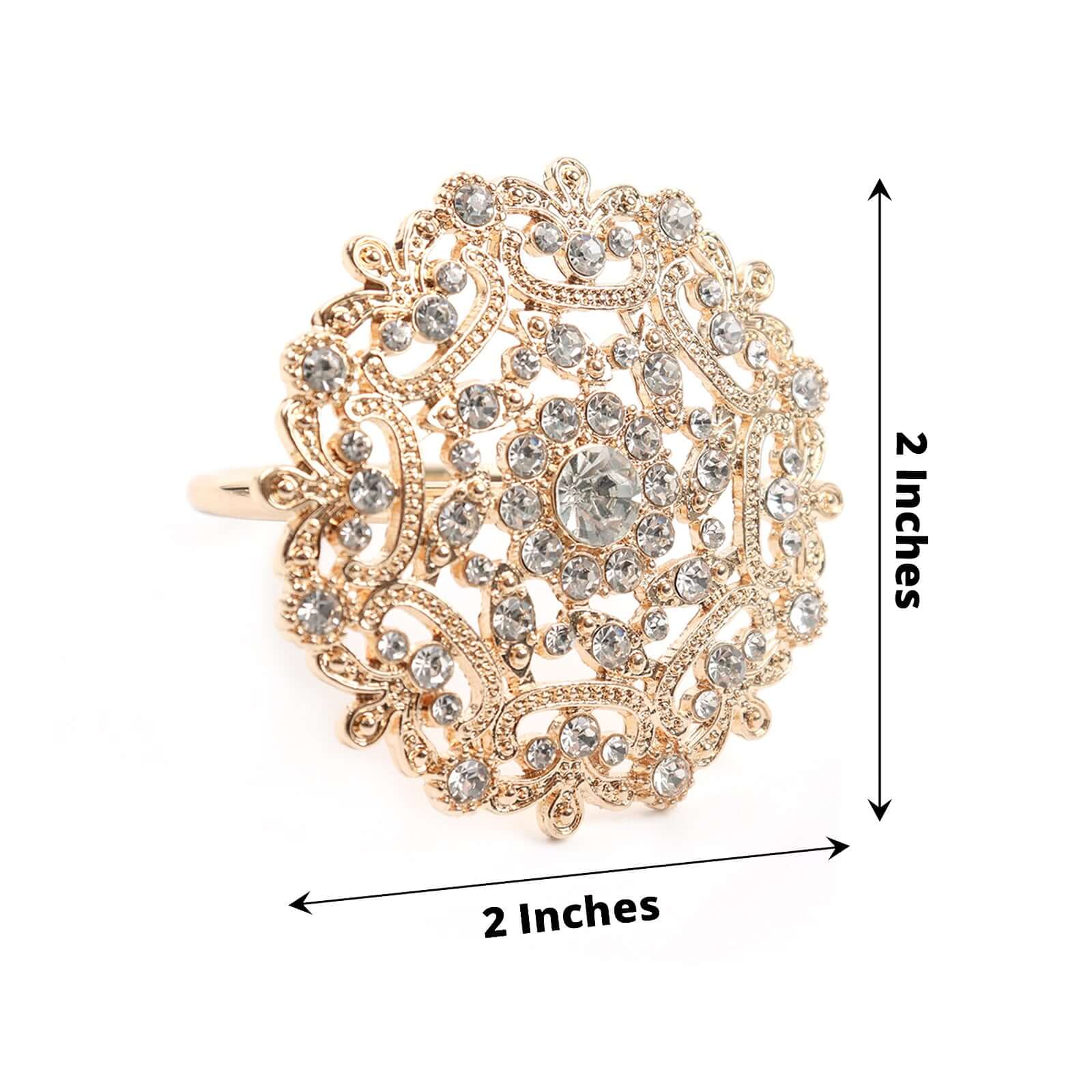 4 Pack Diamond Rhinestone Gold Metal Flower Napkin Rings, Decorative Napkin Buckle Holders