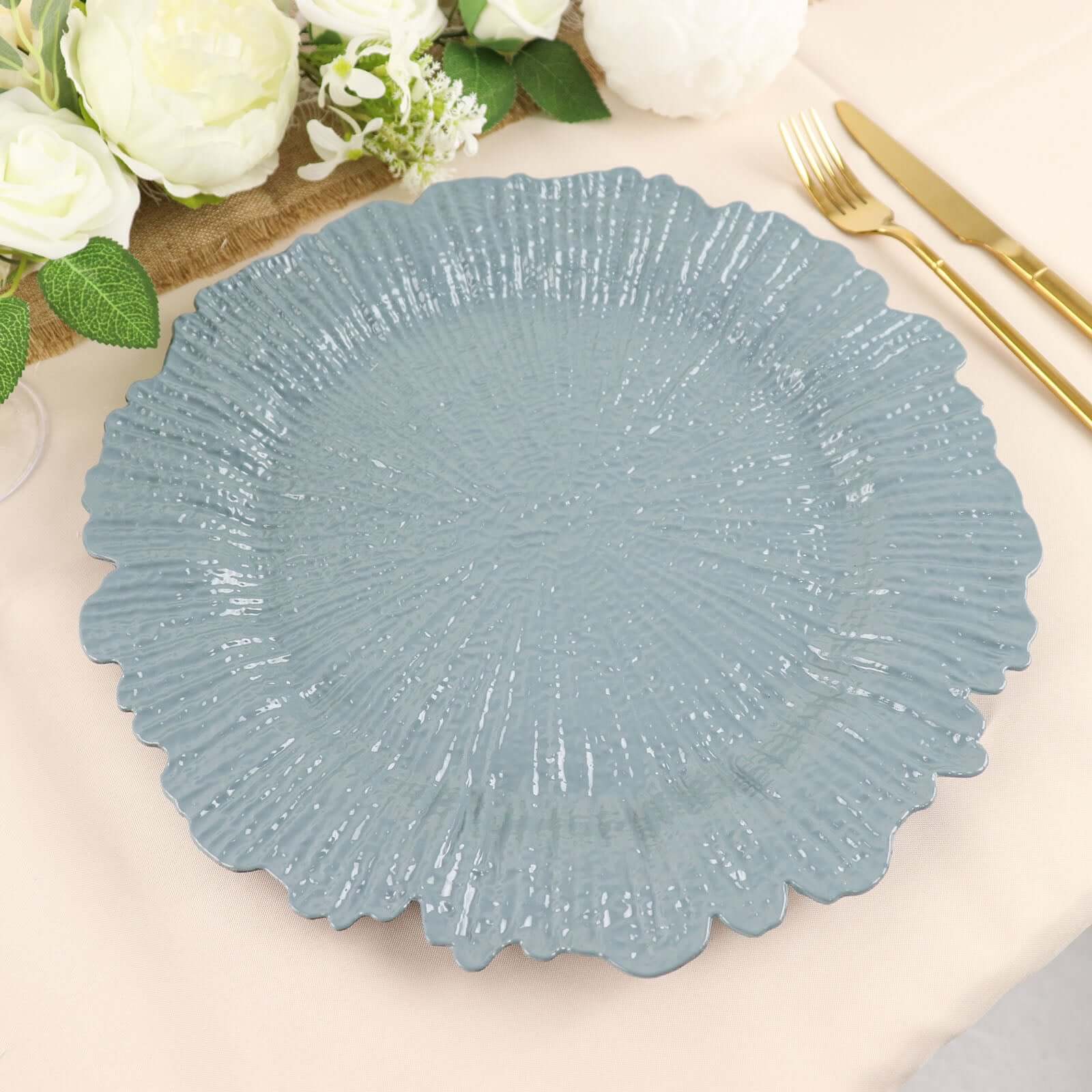 6-Pack Acrylic Plastic Round Charger Plates 13 in Dusty Blue with Reef Design, Dinner Charger Tableware