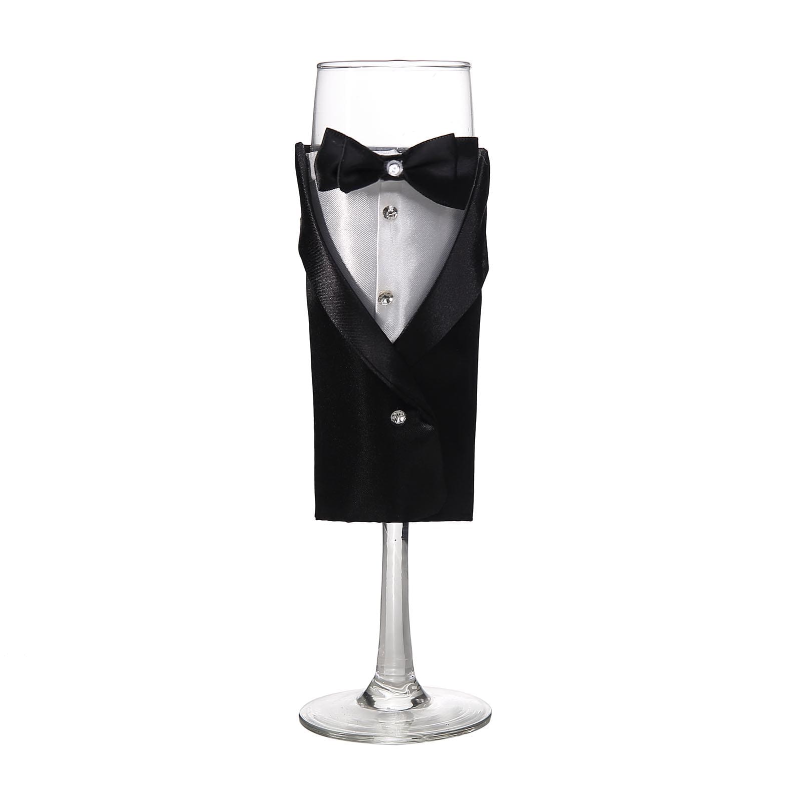 Set of 2 Clear Champagne Flutes with Black Bride and Groom Koozies - Wedding Toast Glasses 9