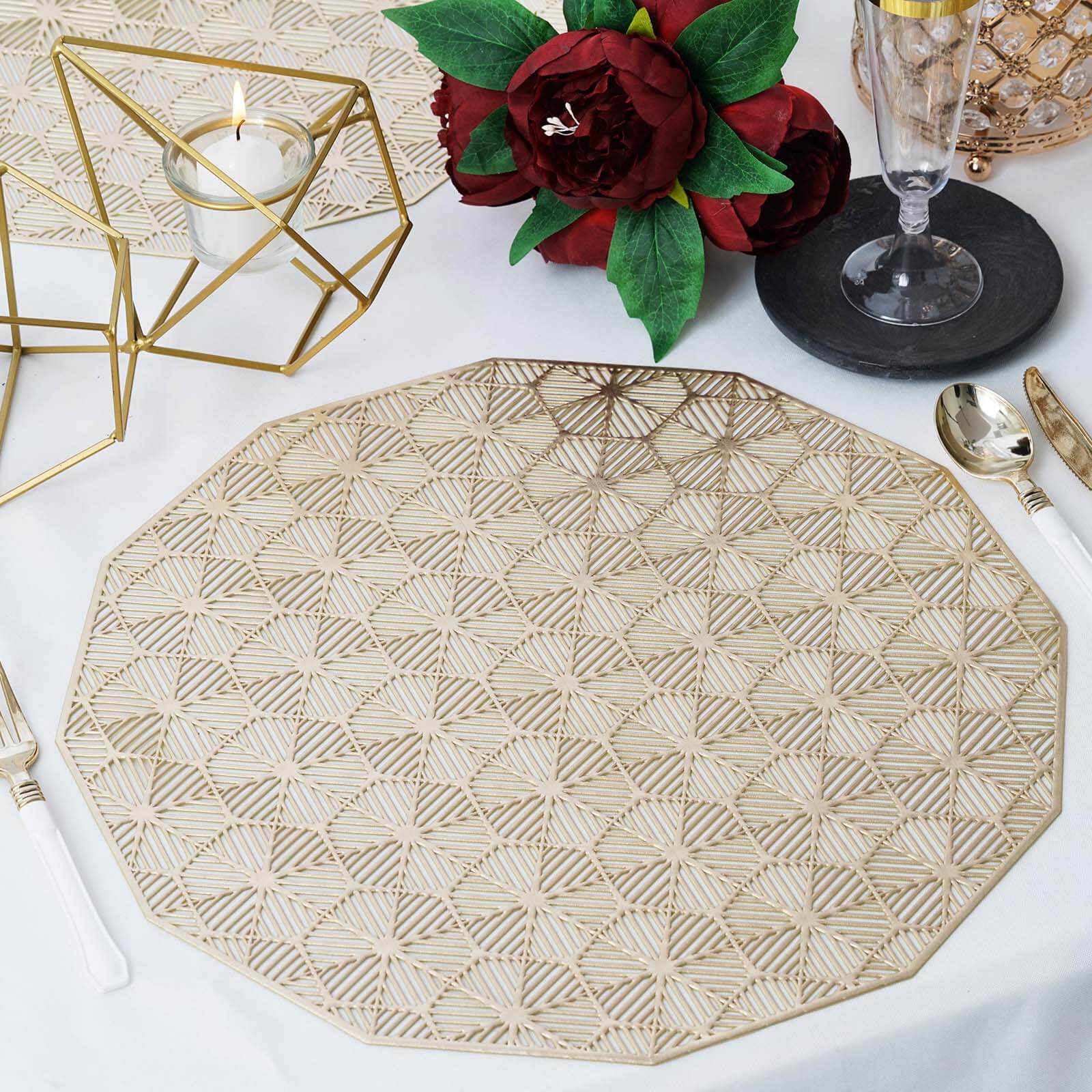 6-Pack Dining Table Mats Geometric Woven Design Gold - Vinyl Non-Slip Surface for Modern Table Settings 15