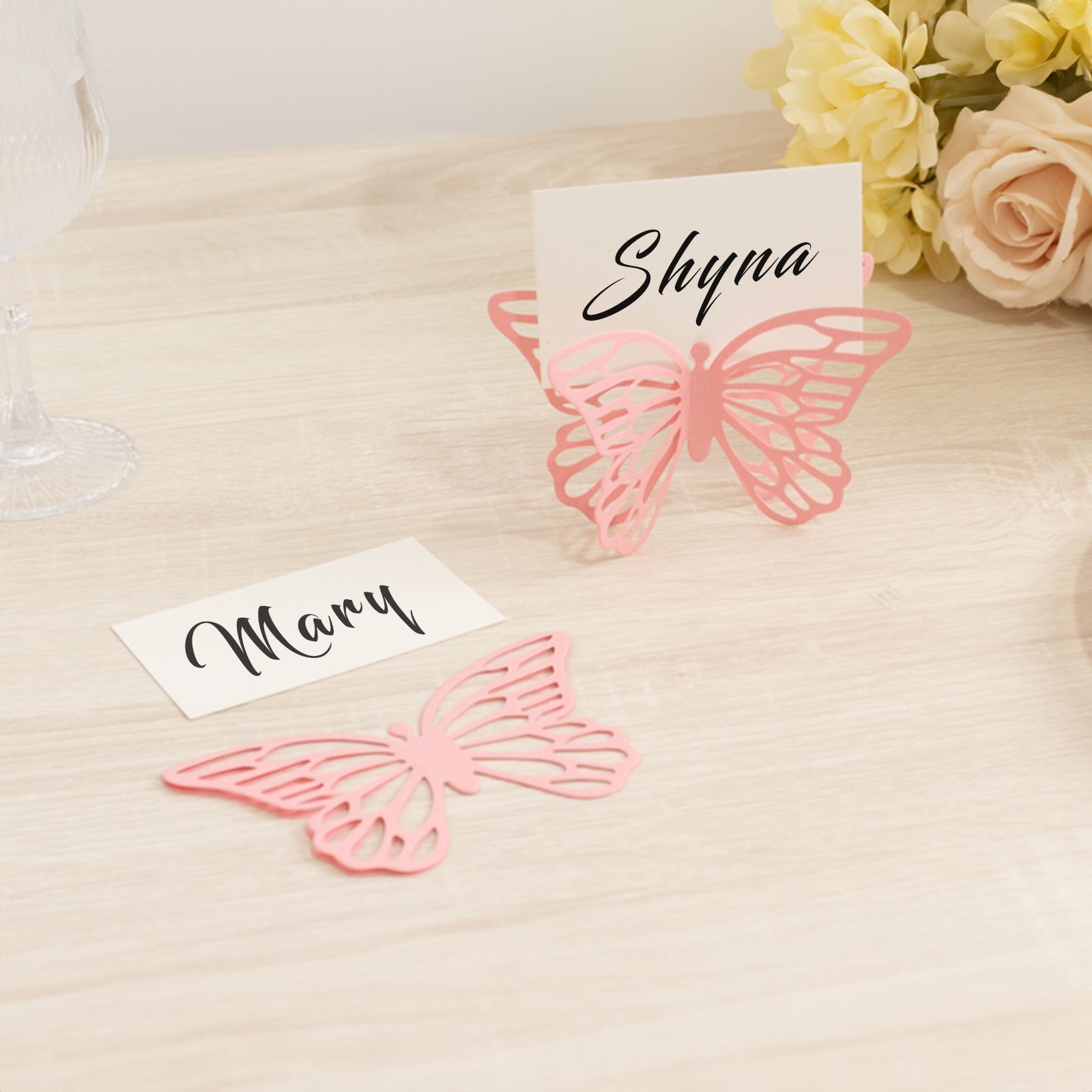 25-Pack Paper Butterfly Place Card Holders Pink with White Printable Cards - 3D Free Standing Table Number Stands 3x5