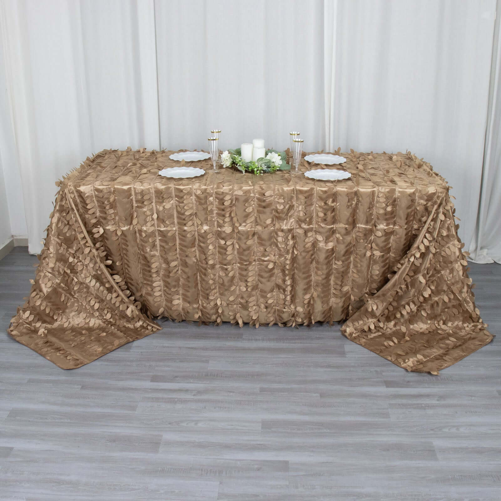 Taffeta 90x132 Rectangle Tablecloth Taupe | 3D Leaf Petal Design Seamless Table Cover