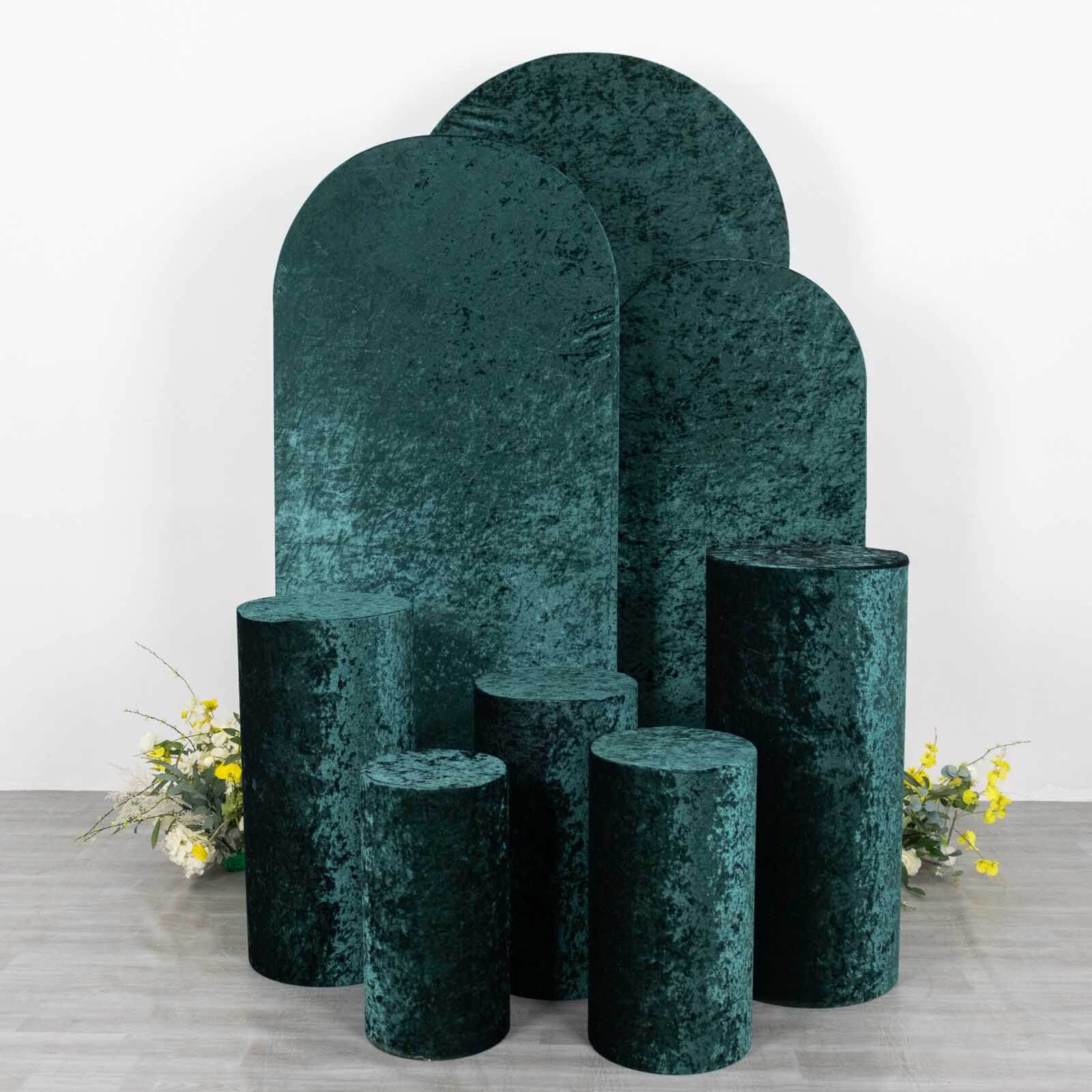 Set of 5 Hunter Emerald Green Crushed Velvet Cylinder Pedestal Stand Covers, Premium Pillar Prop Covers