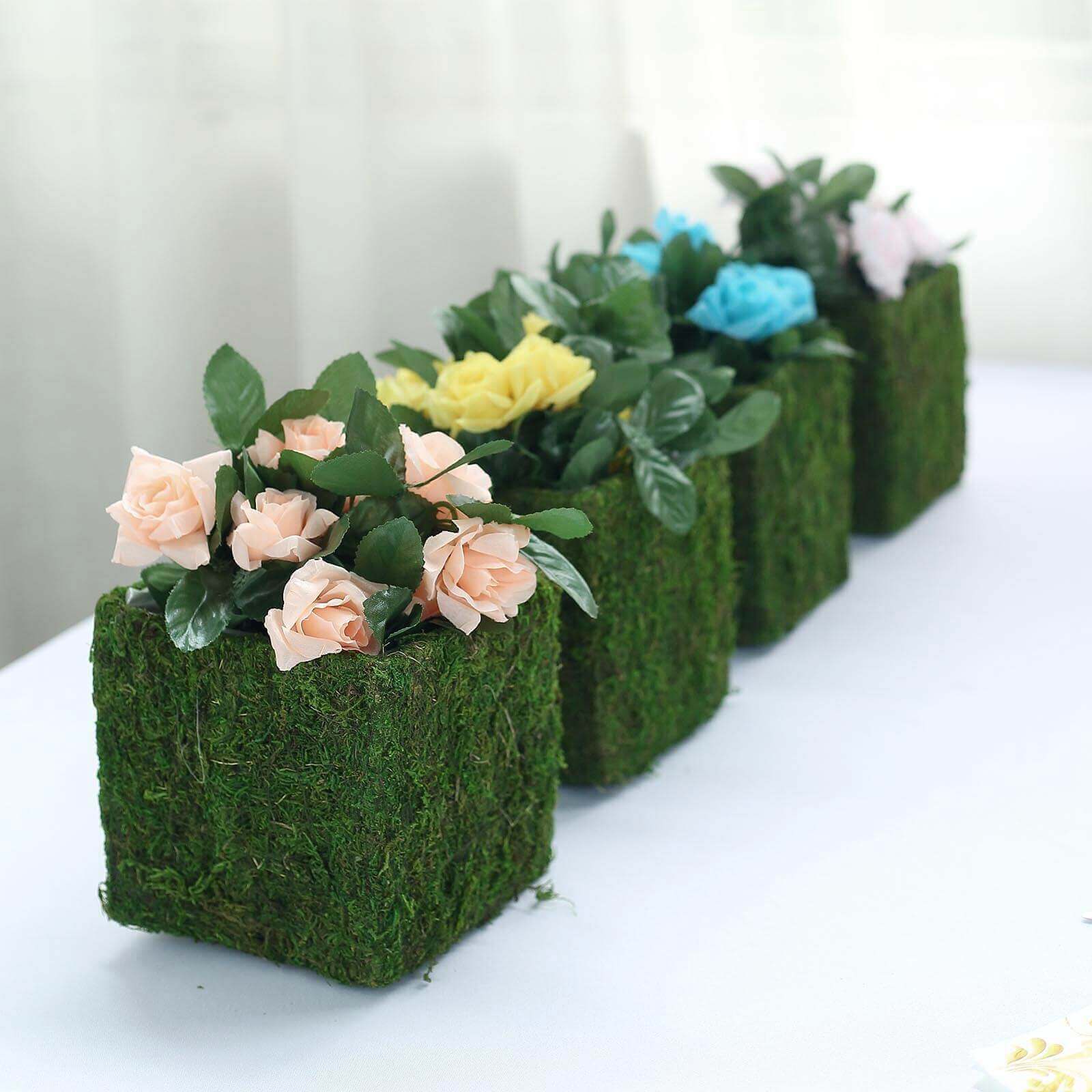 4-Pack Square Planter Boxes Covered with Inner Lining Green Preserved Moss - Flower Basket Centerpieces 6