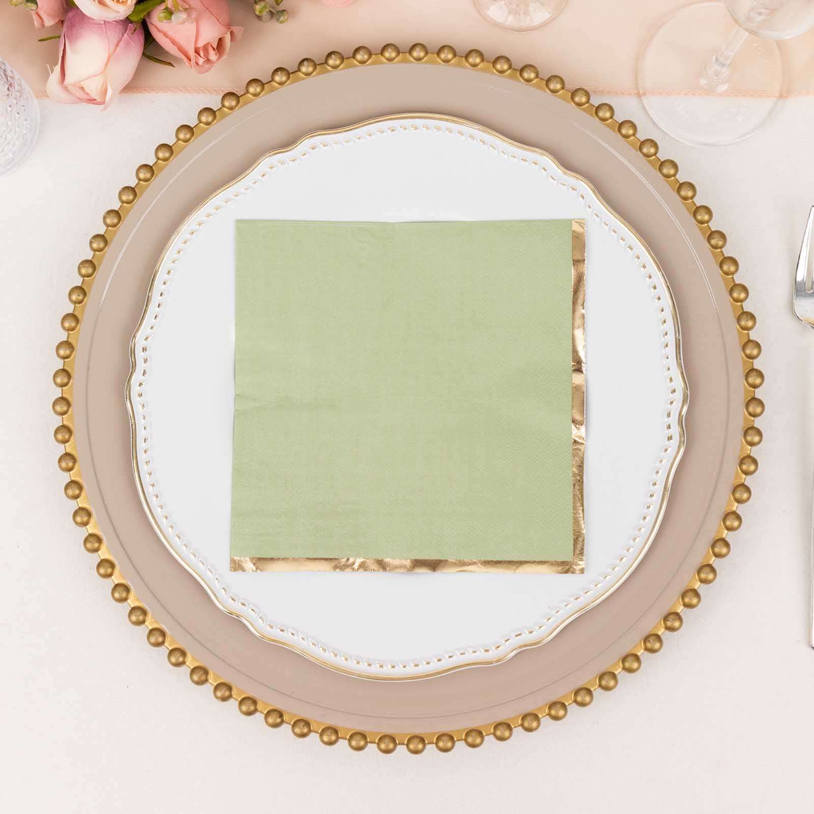 50-Pack Paper Beverage Napkins with Gold Foil Edge Sage Green - Disposable 2 Ply Cocktail Napkins for Events 6.5x6.5