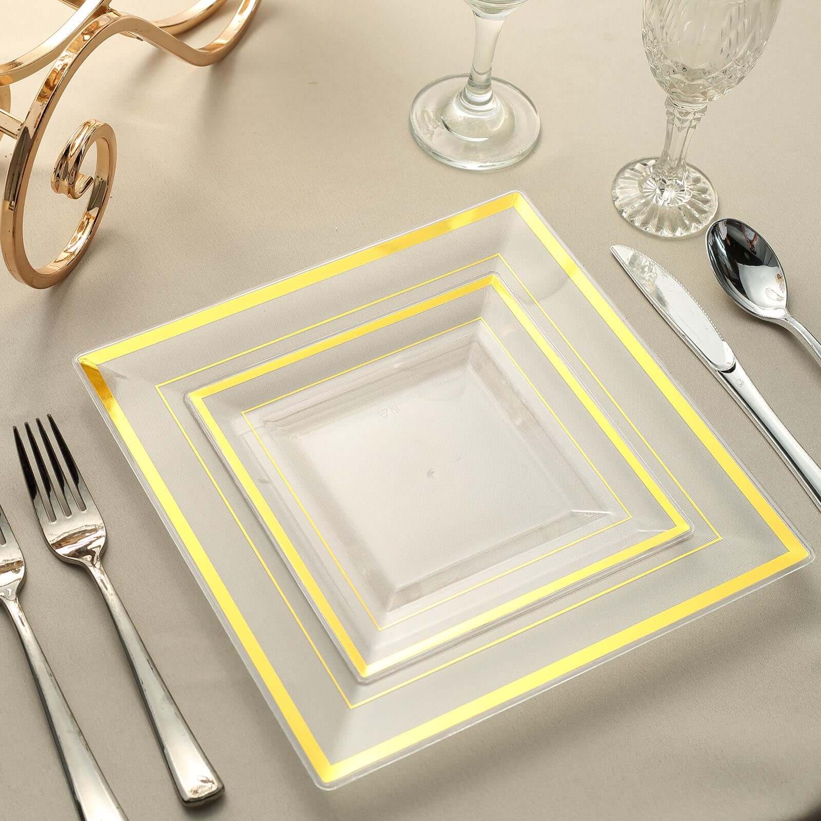 10-Pack Plastic Salad Dessert Plates Clear Square with Gold Trim - Durable Disposable Appetizer Plates 7