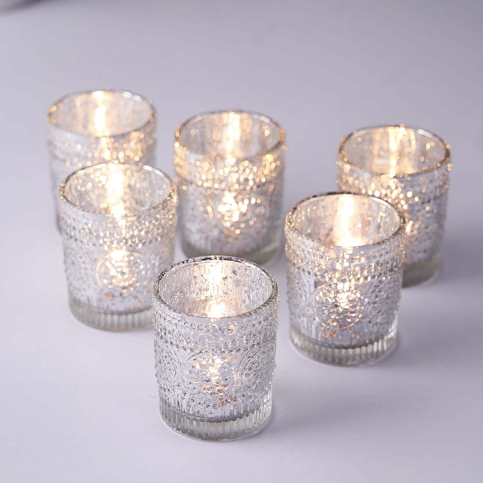 6-Pack Mercury Glass Candle Holders Silver Primrose Design - Votive Tealight Holders for Weddings