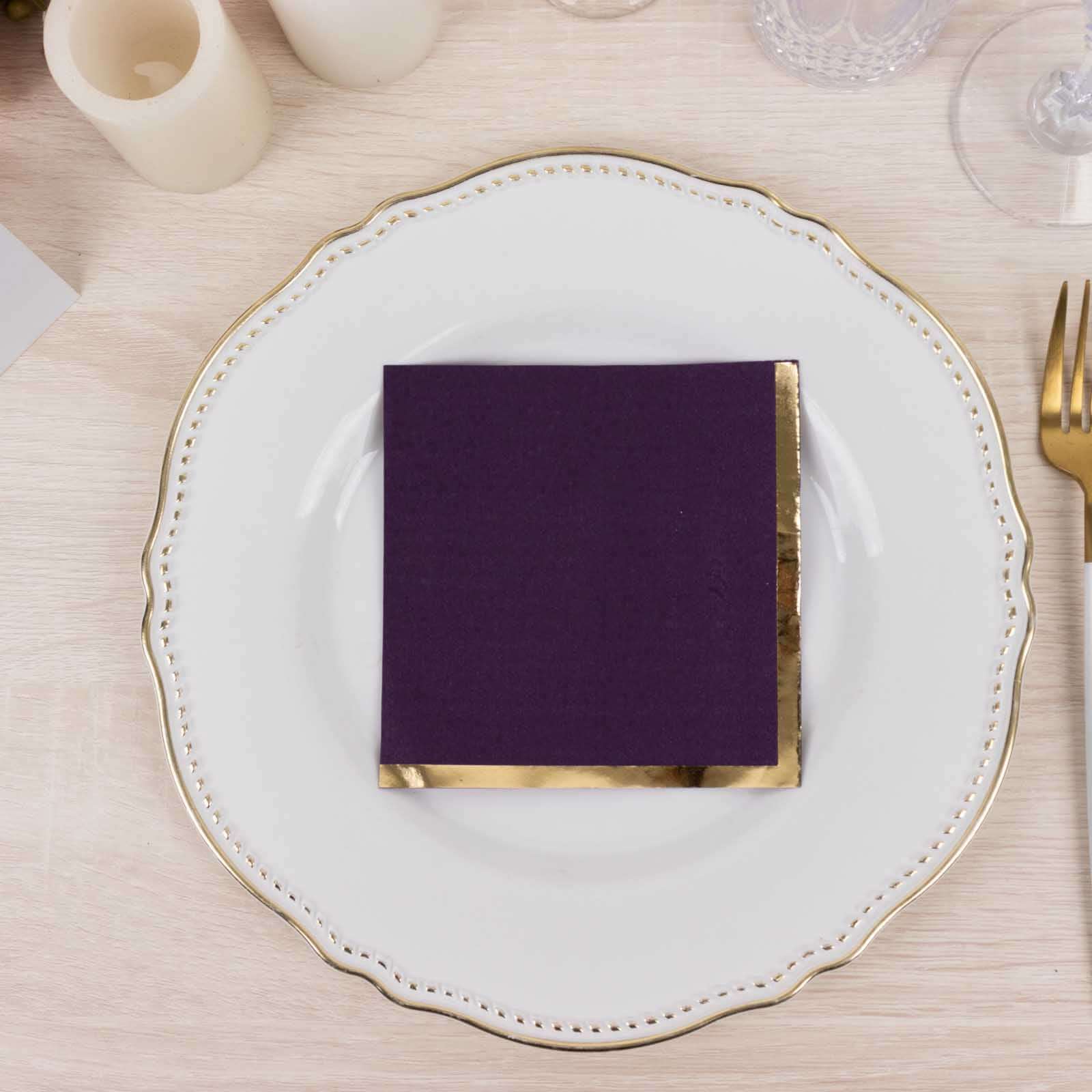 50-Pack Paper Beverage Napkins Purple with Gold Foil Edge - 2 Ply Disposable Soft 18GSM Cocktail Napkins 5x5