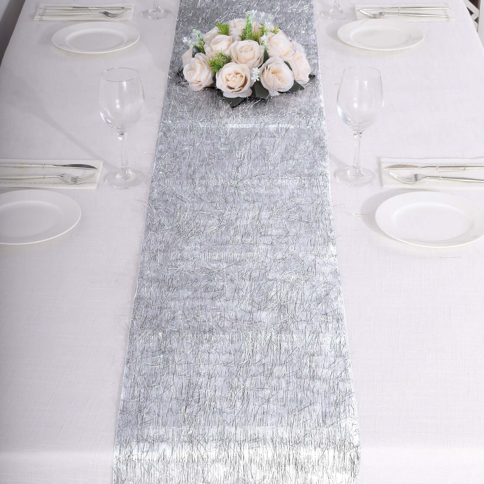 Metallic Tinsel Polyester 12x108 Table Runner Silver - Shimmery Fringe Shag Table Decor