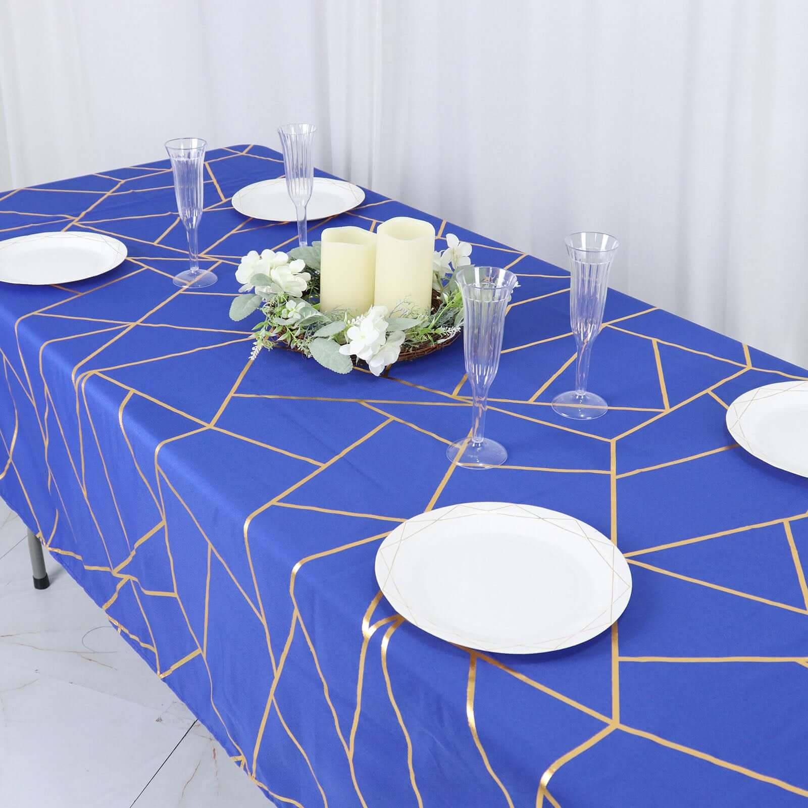 Polyester 60x102 Rectangle Tablecloth Royal Blue with Gold Foil Geometric Pattern - Wrinkle-Resistant & Durable Table Cover